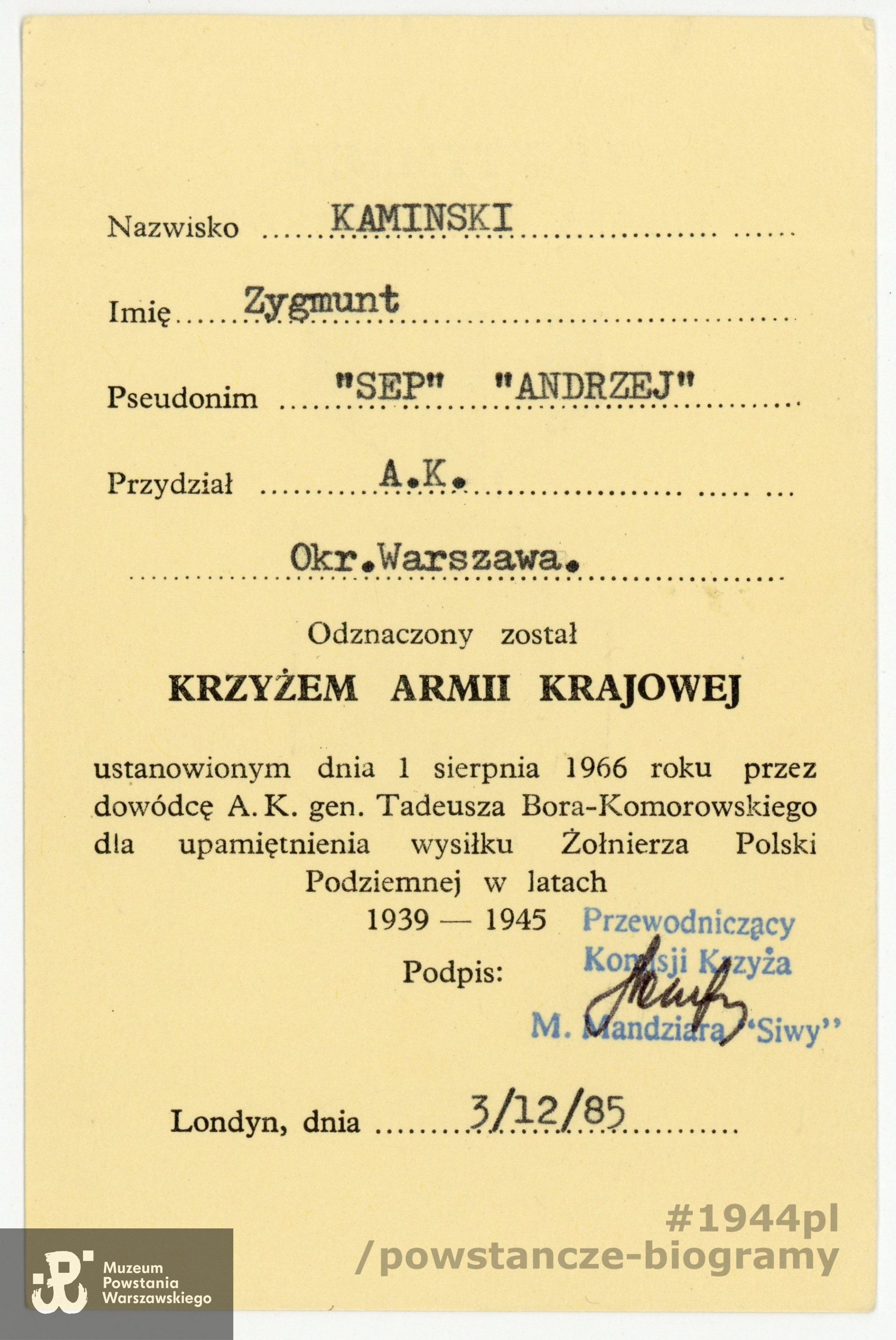 Legitymacja odznaczeniowa - Krzyż Armii Krajowej. Ze zbiorów rodzinnych p. Krzysztofa Kamińskiego