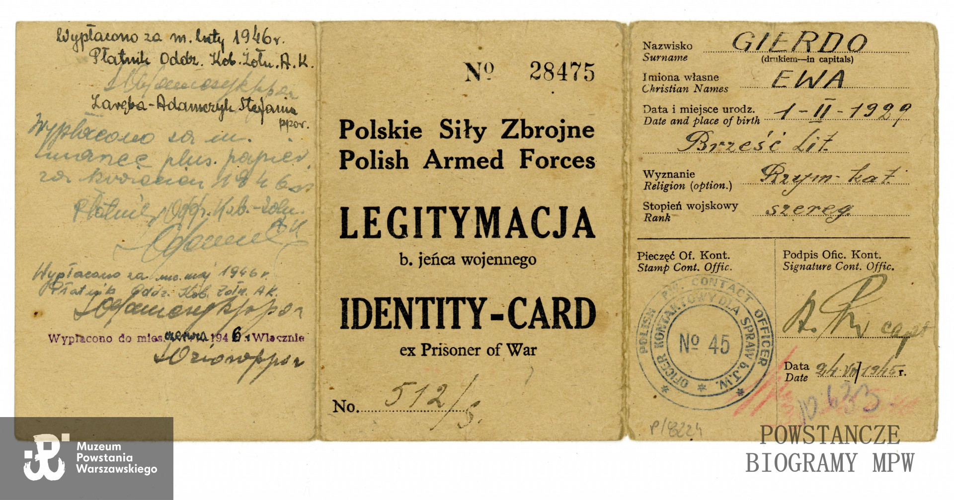 Legitymacja byłego jeńca wojennego wystawiona na nazwisko Ewa Gierdo. Ze zbiorów Muzeum Powstania Warszawskiego, sygn. P/8224