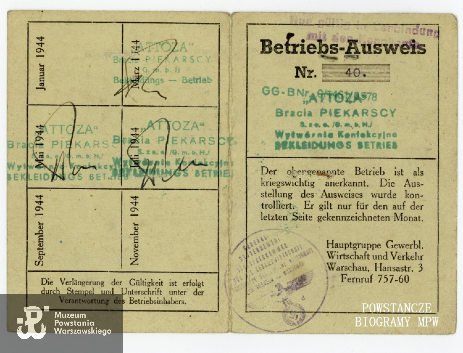 Ausweis. Ze zbiorów Muzeum Powstania Warszawskiego, dar Haliny Kondrackiej.