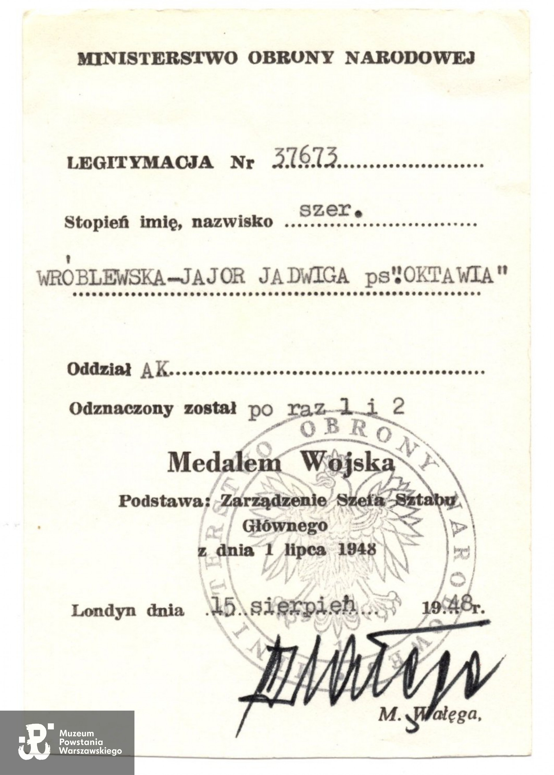 Legitymacja odznaczeniowa - Medal Wojska. Ze zbiorów rodzinnych,  skany wykonano w Pokoju Kombatanta MPW, 2023