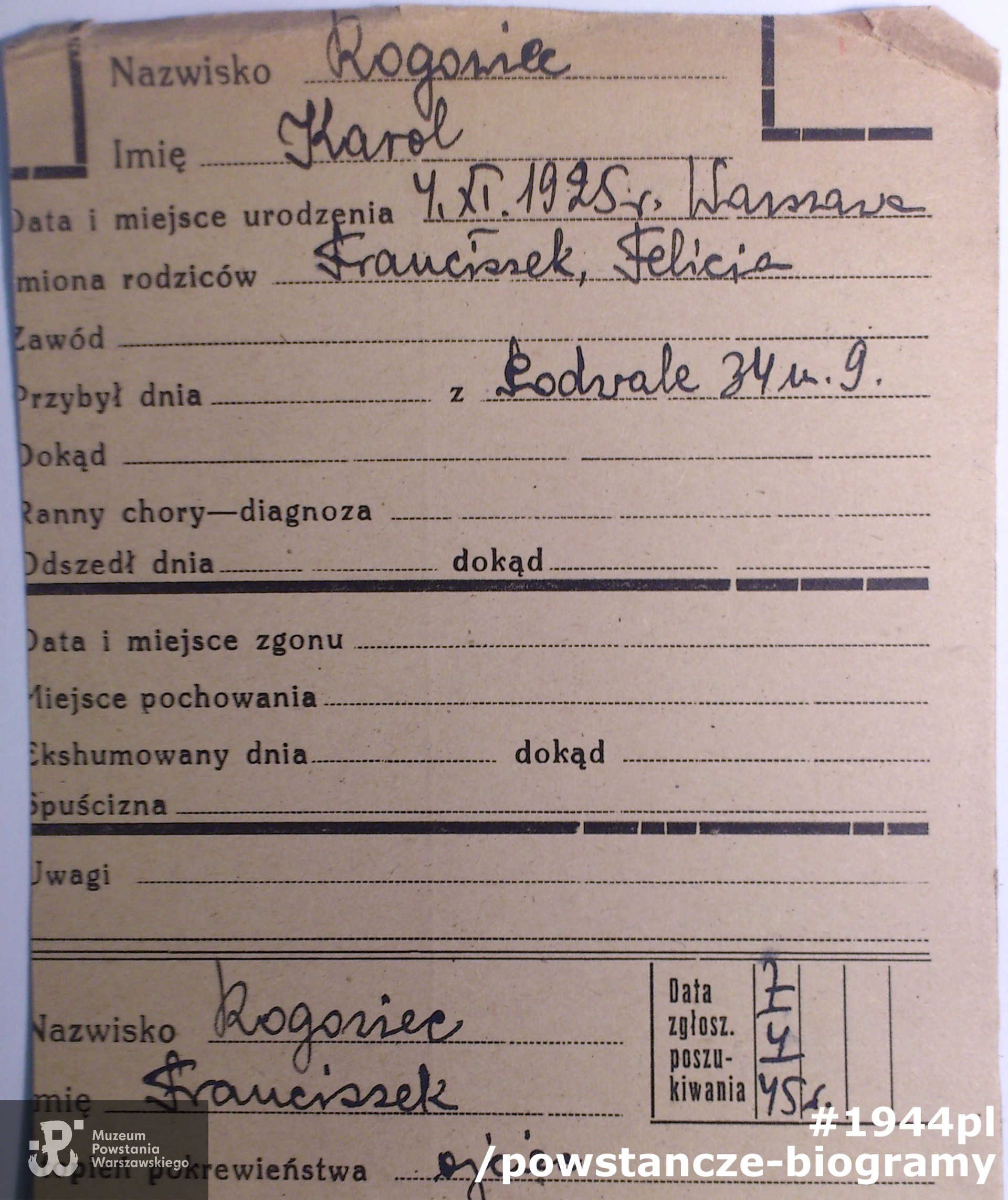 Karta z poszukiwań Karola przez ojca Franciszka, ze zbiorów Krajowego Biura Informacji i Poszukiwań PCK