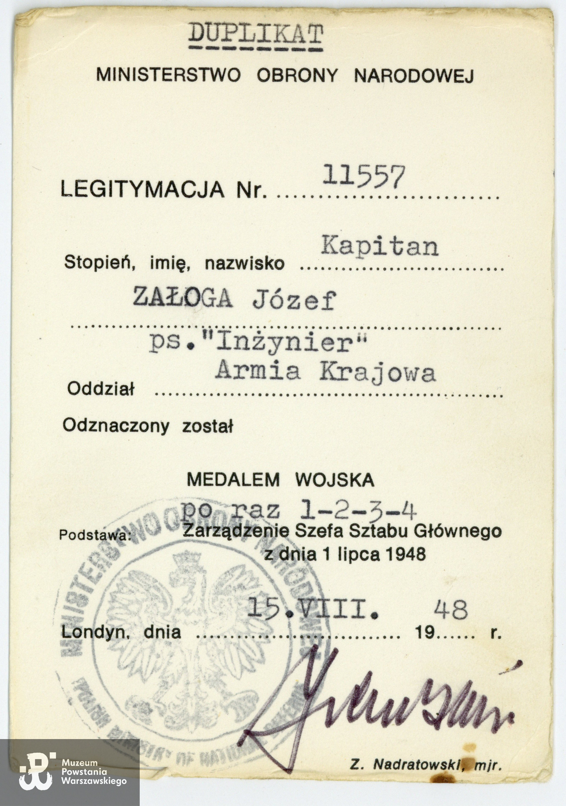 Legitymacja odznaczeniowa - Medal Wojska - duplikat. Zbiory rodzinne, udostępniła  córka, p. Izabela Rola z domu Załoga