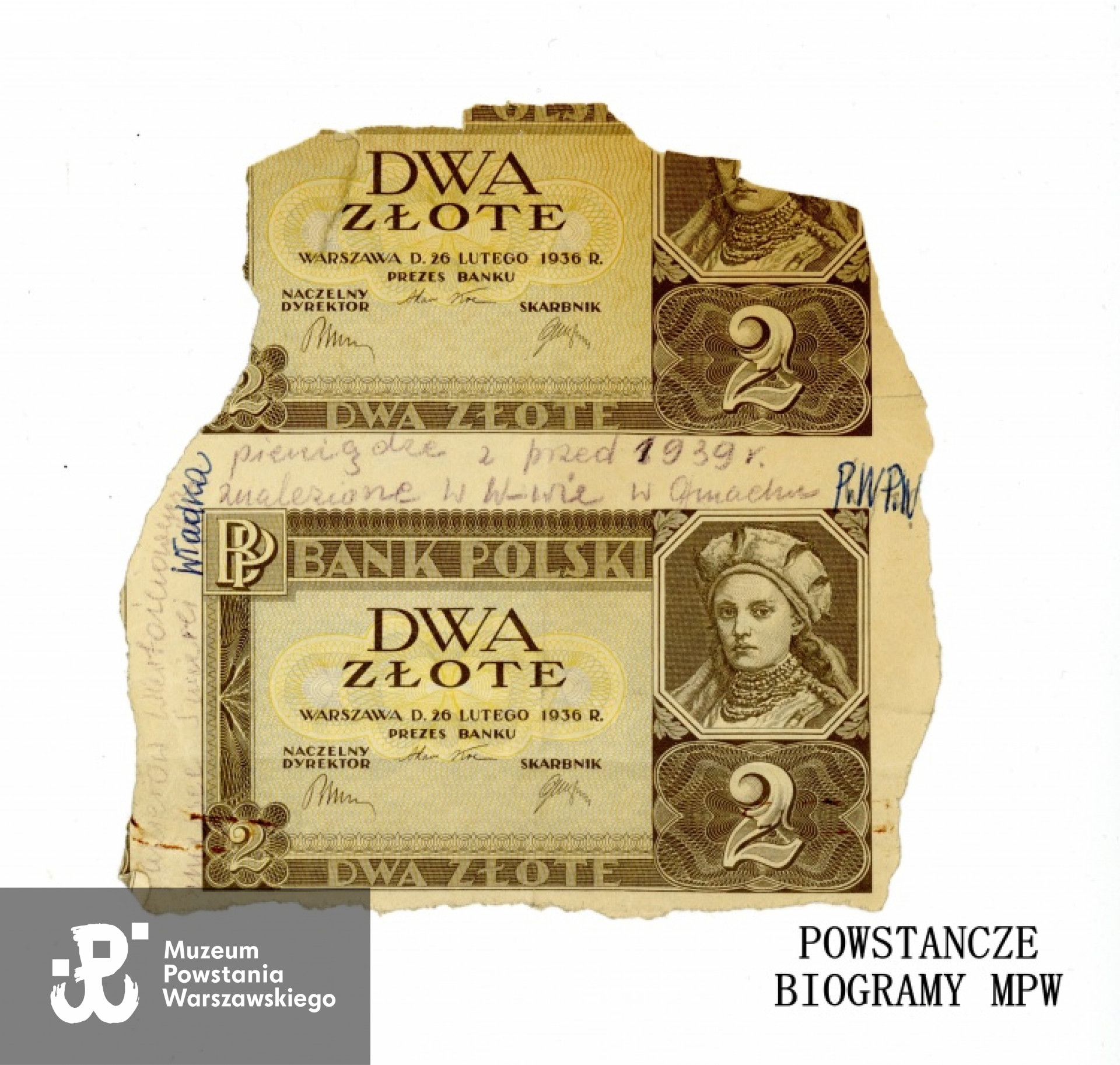 Fragment banknotu z 1936 roku o nominale "2 zł". Zgodnie z informacją załączoną do banknotu został on znaleziony obok zwłok Władysława Miładowskiego. Na banknocie została zapisana data śmierci W. Miładowskiego, tj. 25.08.1944. Ze zbiorów Muzeum Powstania Warszawskiego, sygn.  P/8219
