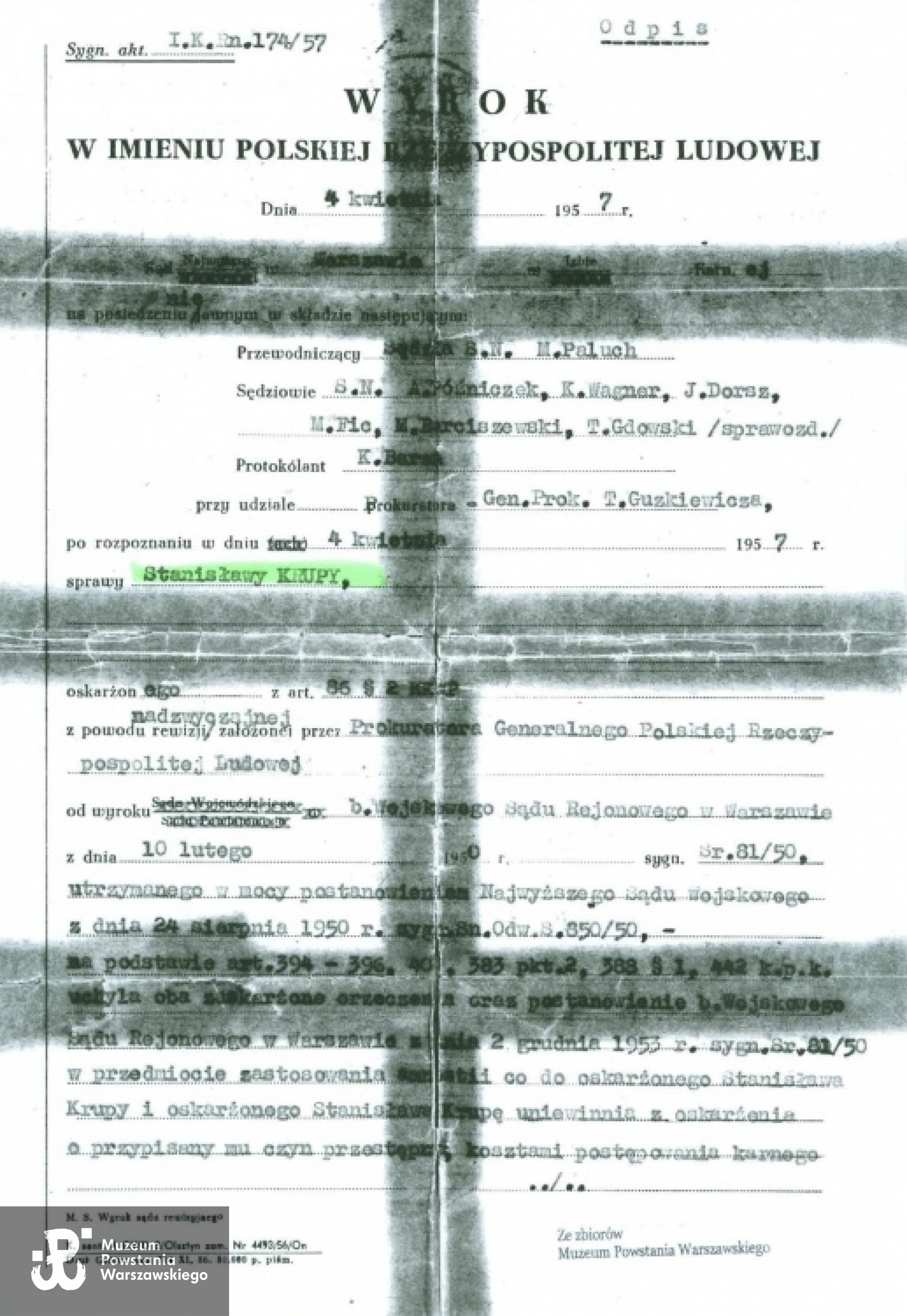 Odpis wyroku uniewinniającego wydany przez sąd w 1957 r.  Kserokopia ze zbiorów MPW