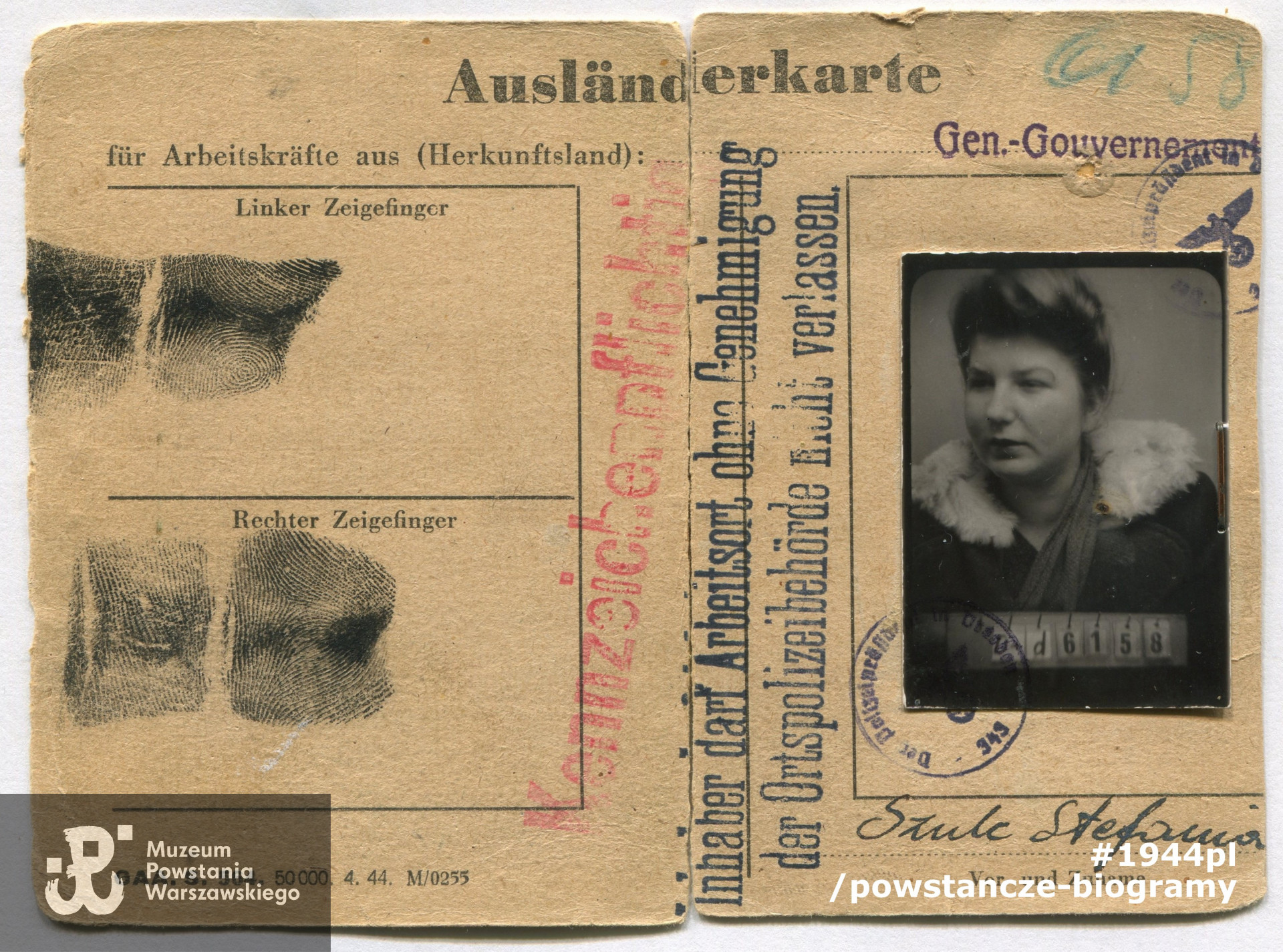 Karta pracy (niem. Arbeitskarte)  - dokument poświadczający zatrudnienie Stefanii Szulc w fabryce broni. Z archiwum rodzinnego p. Stefanii Dembowskiej