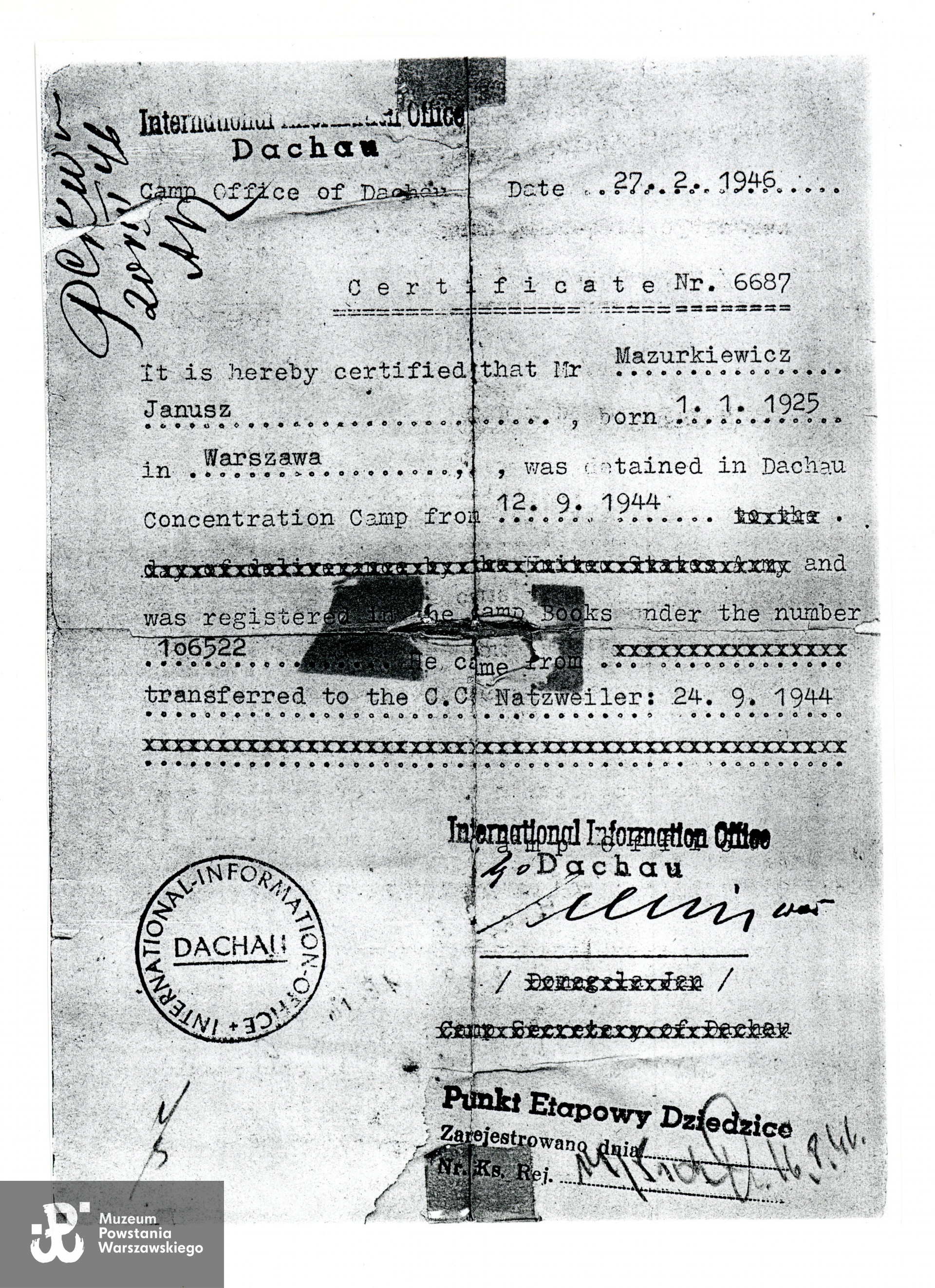 Muzeum Powstania Warszawskiego, Teczki personalne uczestników Powstania Warszawskiego: Mazurkiewicz Janusz Tadeusz, zasób Pokoju Kombatanta MPW