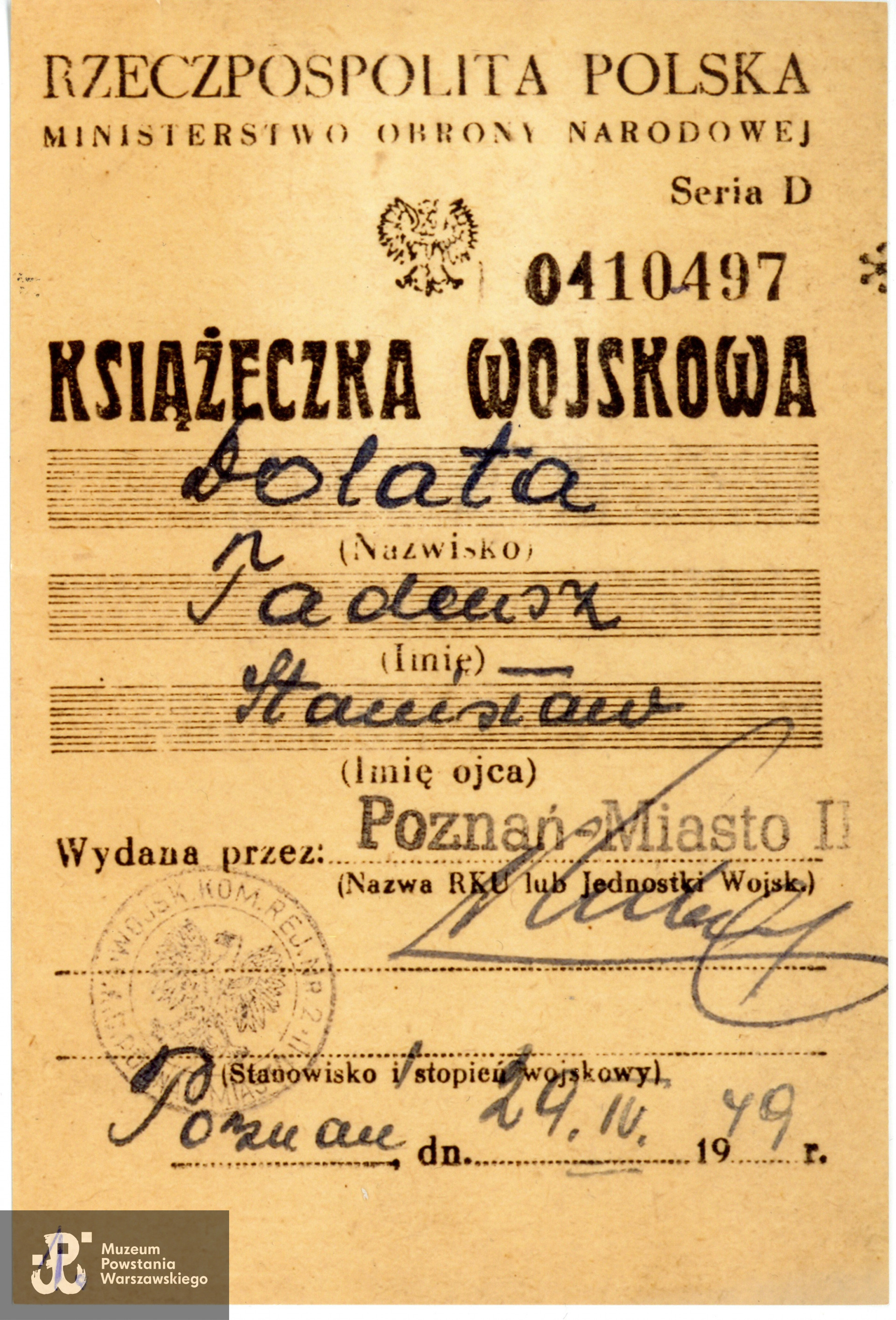 Książeczka wojskowa MON. Z archiwum rodzinnego p. Teresy Dolaty