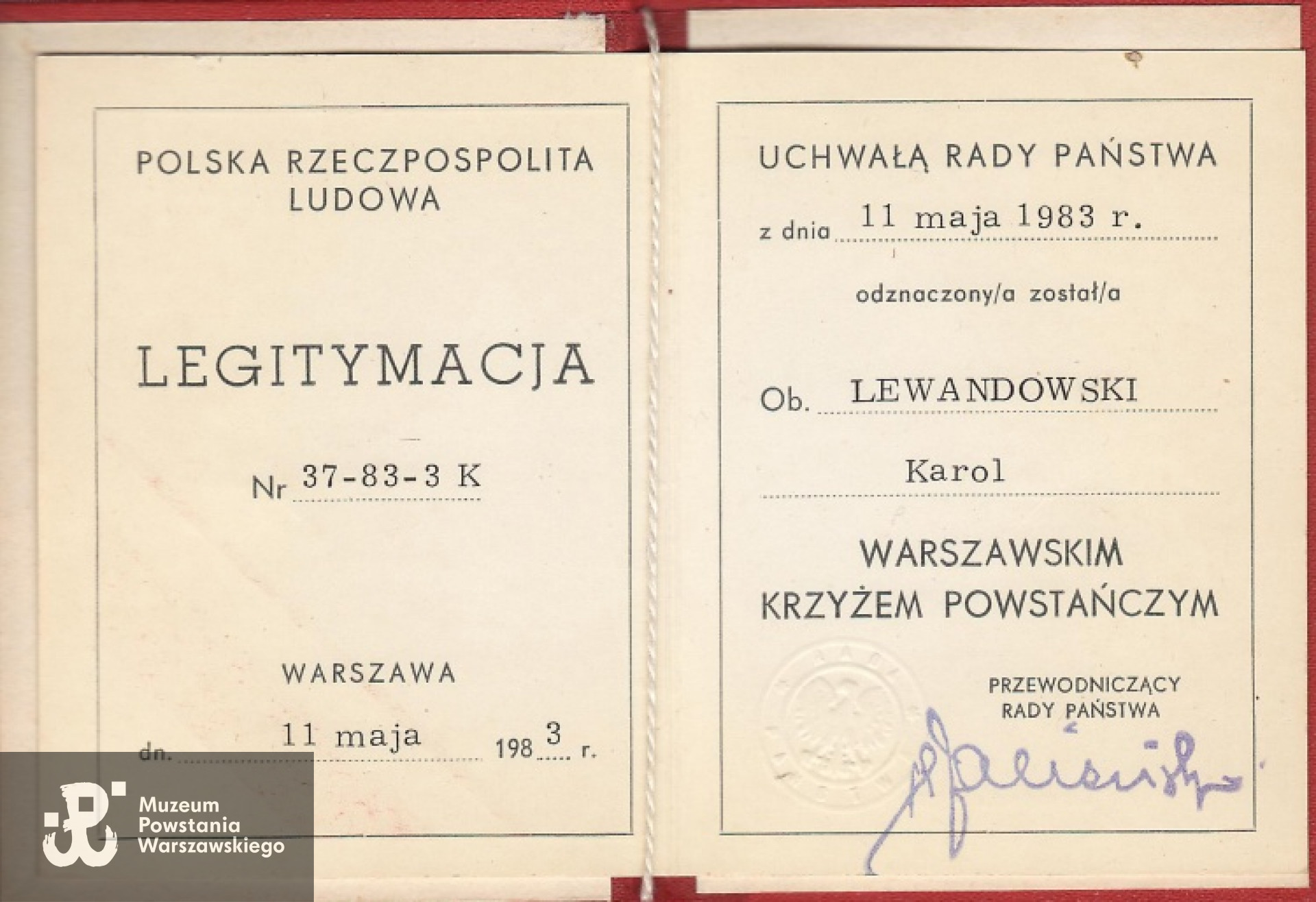 Legitymacja Warszawskiego Krzyża Powstańczego