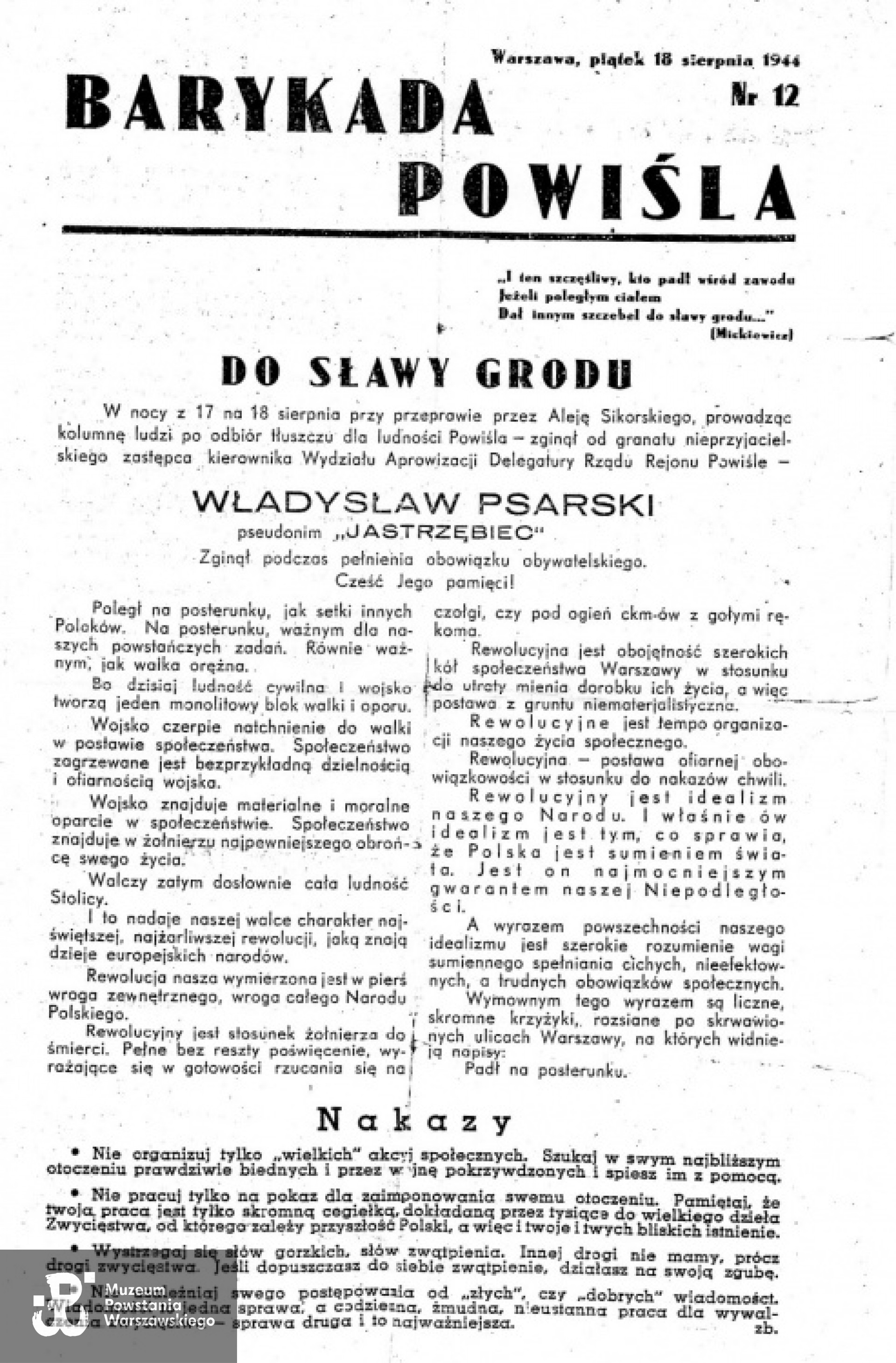 "Barykada Powiśla" z 18.08.1944 r. - artykuł poświęcony Władysławowi Psarskiemu. Zbiory Marii Chełkowskiej z Psarskich.
