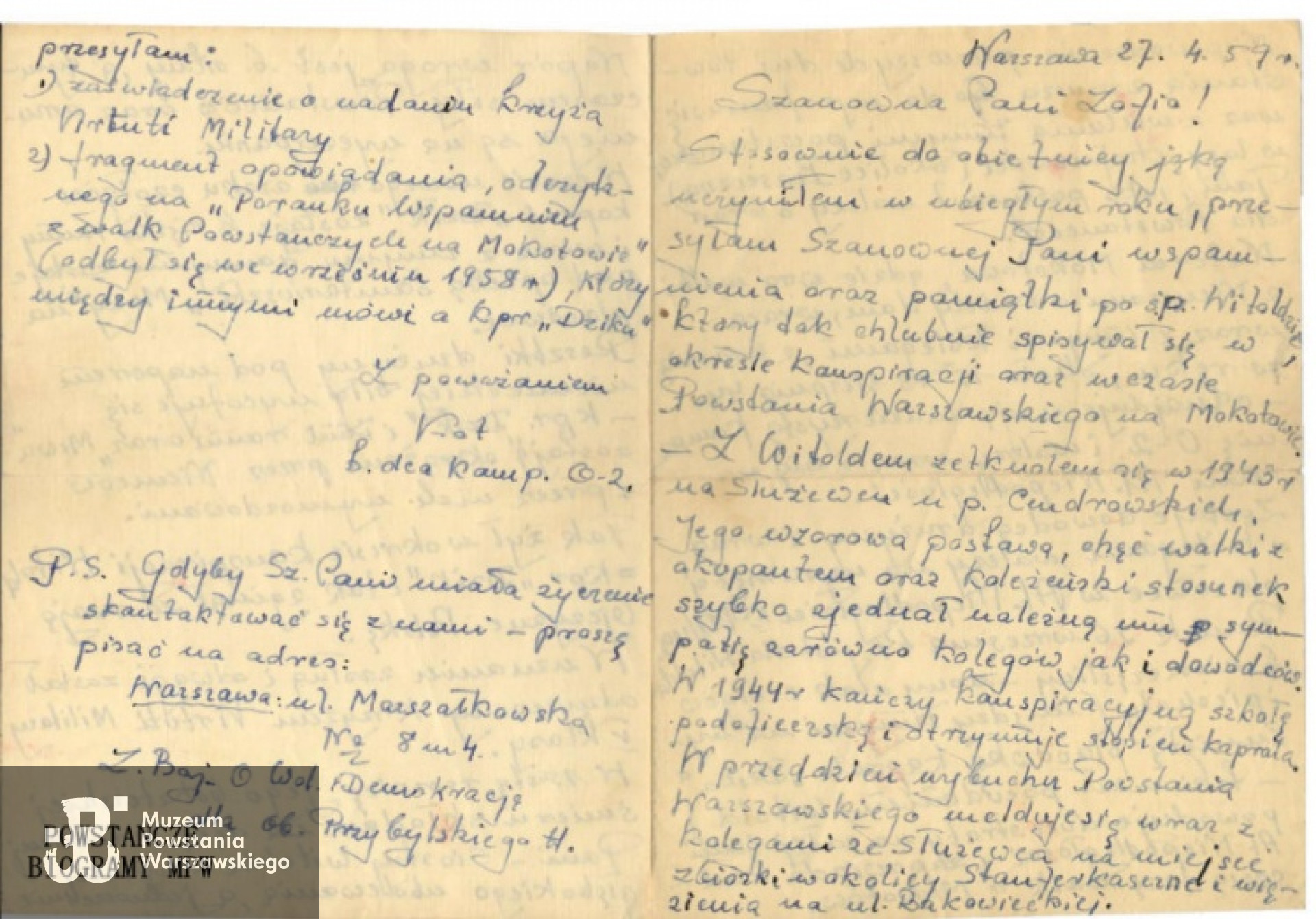 Skan listu porucznika “Kota” z  kompanii O-2 ppor. "Misiewicza"  skierowanego 27 kwietnia 1959 roku do   siostry Witolda - Zofii Belau. Udostępnił phm. Wojciech Mokwa.