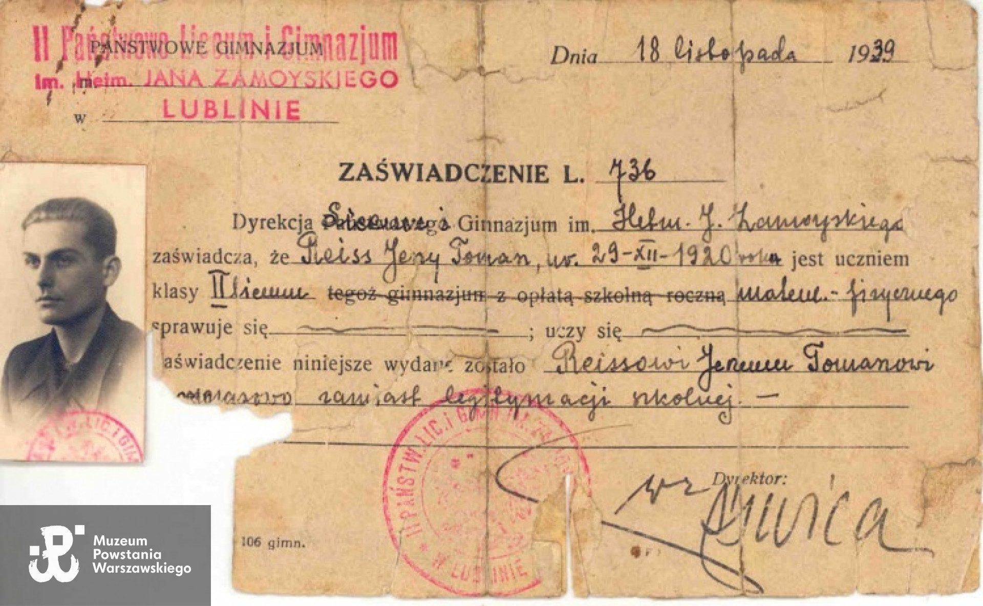 Zaświadczenie legitymacyjne Jurka z 1939 r. Ze zbiorów rodzinnych Stanisława Włodarczyka.