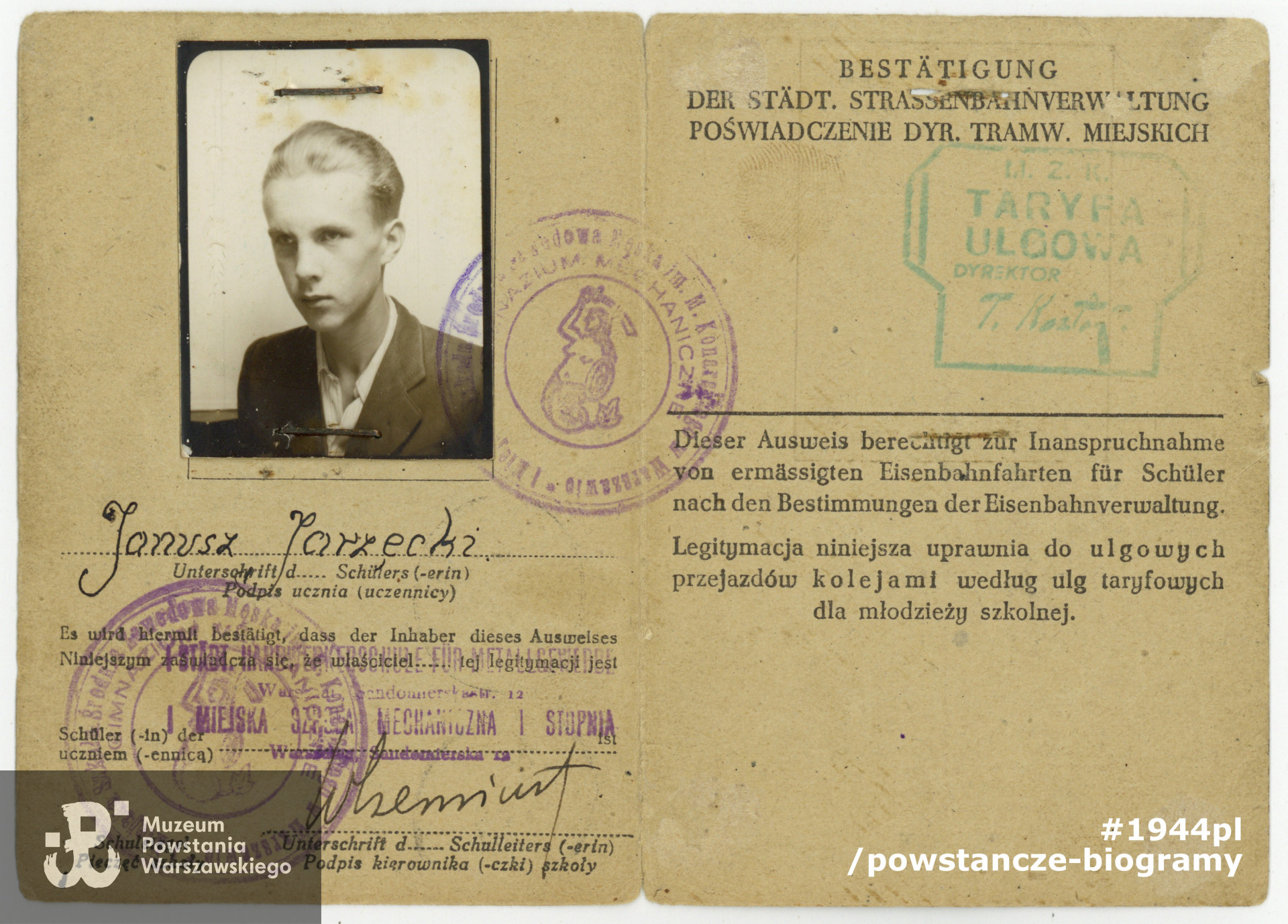 Należąca do Janusza Jarzęckiego legitymacja szkolna (Schülerausweis)  z okresu okupacji niemieckiej. Ze zbiorów Muzeum Powstania Warszawskiego, sygn. P/5327/07, dar  p. Janusza Bonawentury Jarzęckiego.