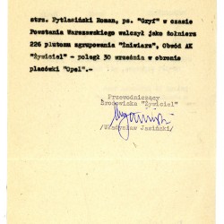 Uzasadnienie Środowiska Żołnierzy  „Żywiciela” do wniosku o nadanie pośmiertne Romanowi Pytlasińskiemu ps. Gryf Warszawskiego Krzyża Powstańczego - tu jako miejsce śmierci podano 30 września 1944, placówka „Opel