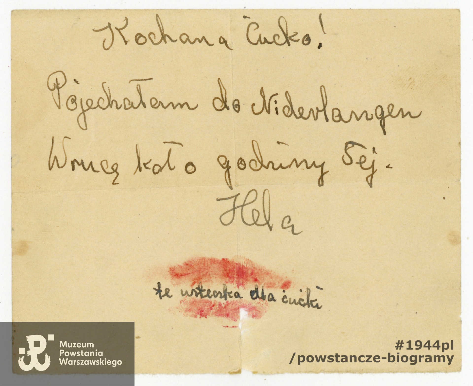 Kartka napisana przez Helenę po wyzwoleniu, informująca [koleżankę?] o wyprawie do Niderlangen (Dolna Saksonia, w powiecie Emsland).  Ze zbiorów prywatnych p. Ewy Wróbel, córki Heleny.