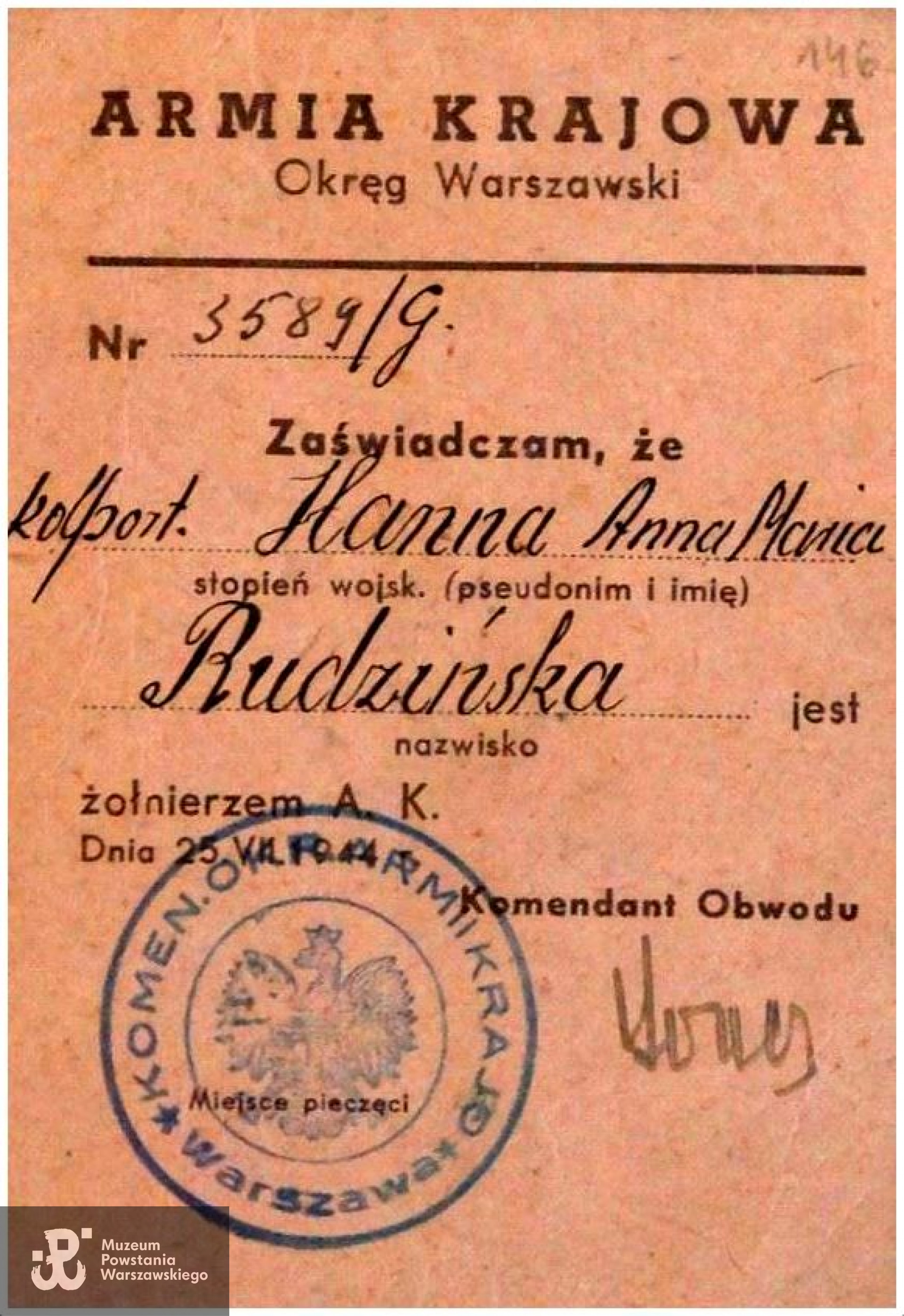 Legitymacja Armii Krajowej. Fot. zbiory prywatne