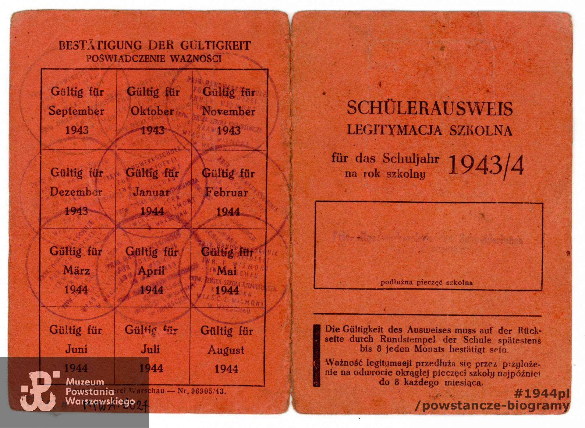 Legitymacja szkolna (Schülerausweis) nr 154 na rok szkolny 1943/1944. Dokument należący do Hanny Trochim. Ze zbiorów Muzeum Powstania Warszawskiego, sygn. MPW-A-8027 (P/7120/10)