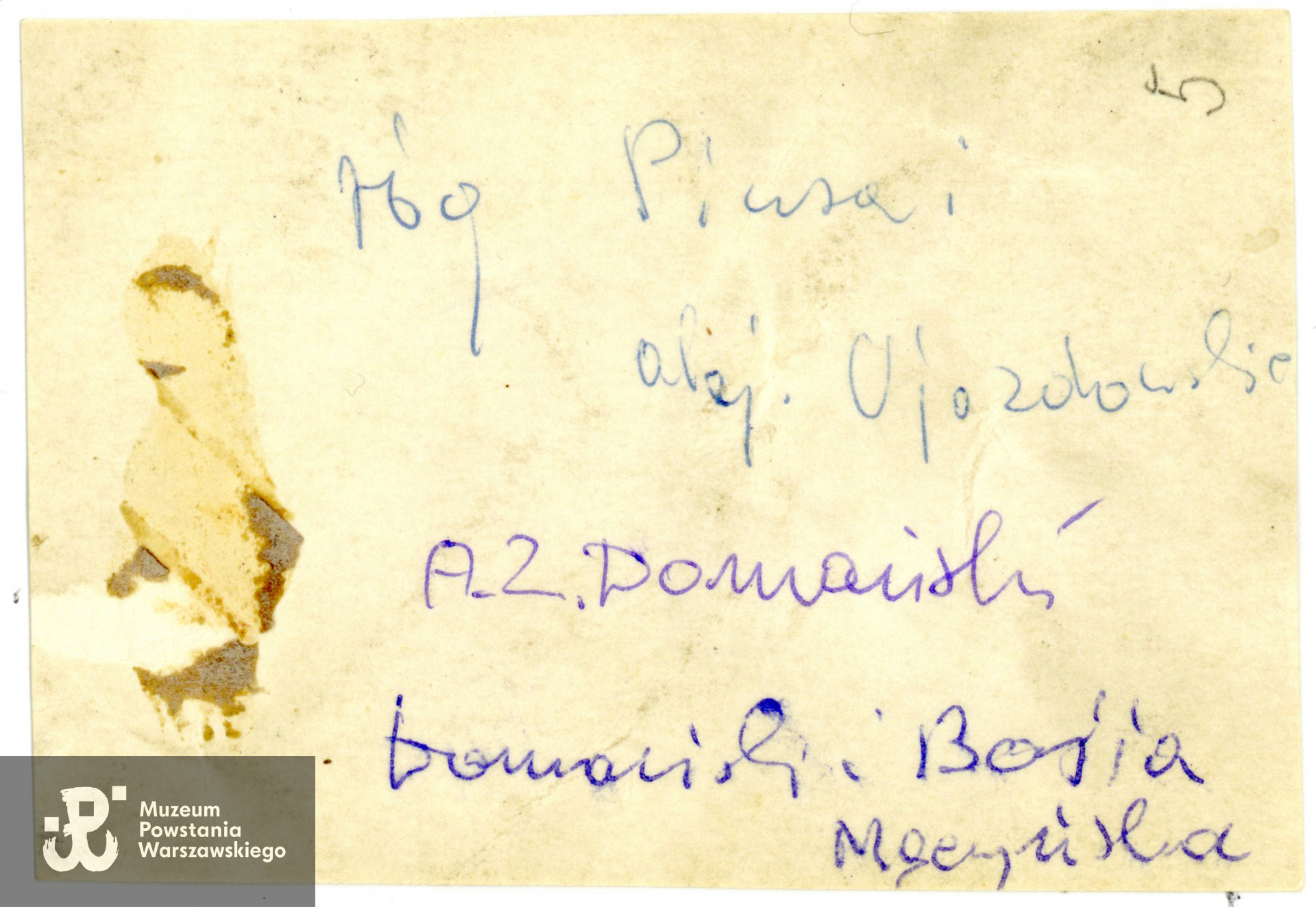 Fotografia z Powstania Warszawskiego, rewers z opisem. Fot.  pochodzi ze spuścizny po Adamie Zbigniewie Domańskim, udostępniła p. Zofia Elżbieta Grzebalska z d. Domańska, córka Powstańca. Skany wykonano w Muzeum Powstania Warszawskiego w lutym 2024 r. 