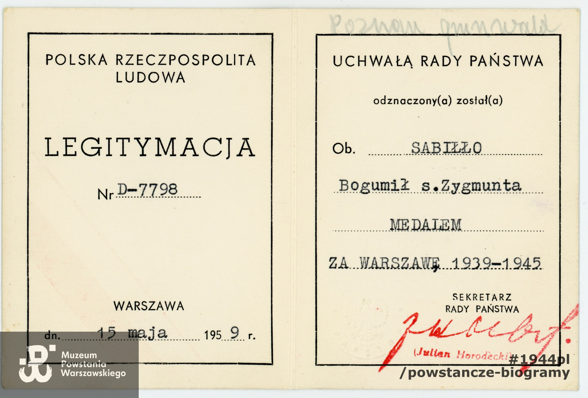 Dokument ze zbiorów rodzinnych, udostępnił p. Bogumił Sabiłło