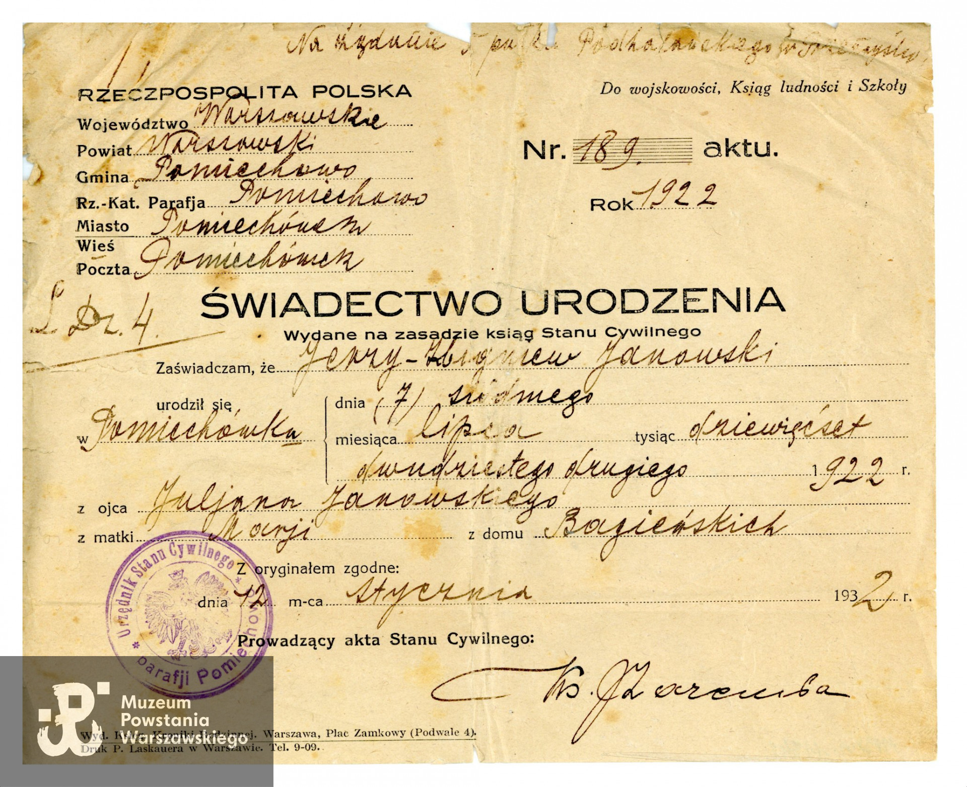 Świadectwo urodzenia Jerzego Zbigniewa Janowskiego. Ze zbiorów Muzeum Powstania Warszawskiego, sygn. P/8719/16, dar p. Krzysztofa Fronczyka