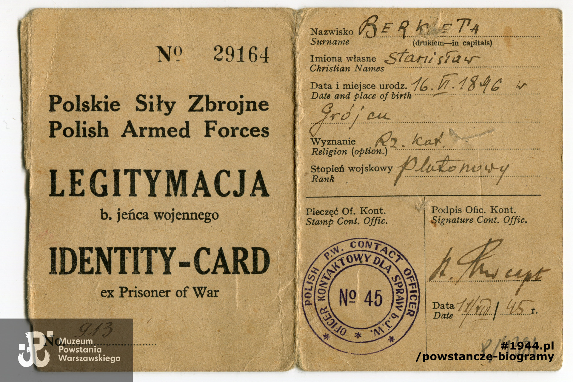 Fragment Legitymacji Byłego Jeńca Wojennego - Identity Card ex prisoner of war (dokument w języku angielskim i polskim wystawiony po wyzwoleniu z obozu przez Polskie Siły Zbrojne). Tu data urodzenia 16-06-1898. Ze zbiorów Muzeum Powstania Warszawskiego, sygn. P/4381, przekazał p. Adam Berkieta