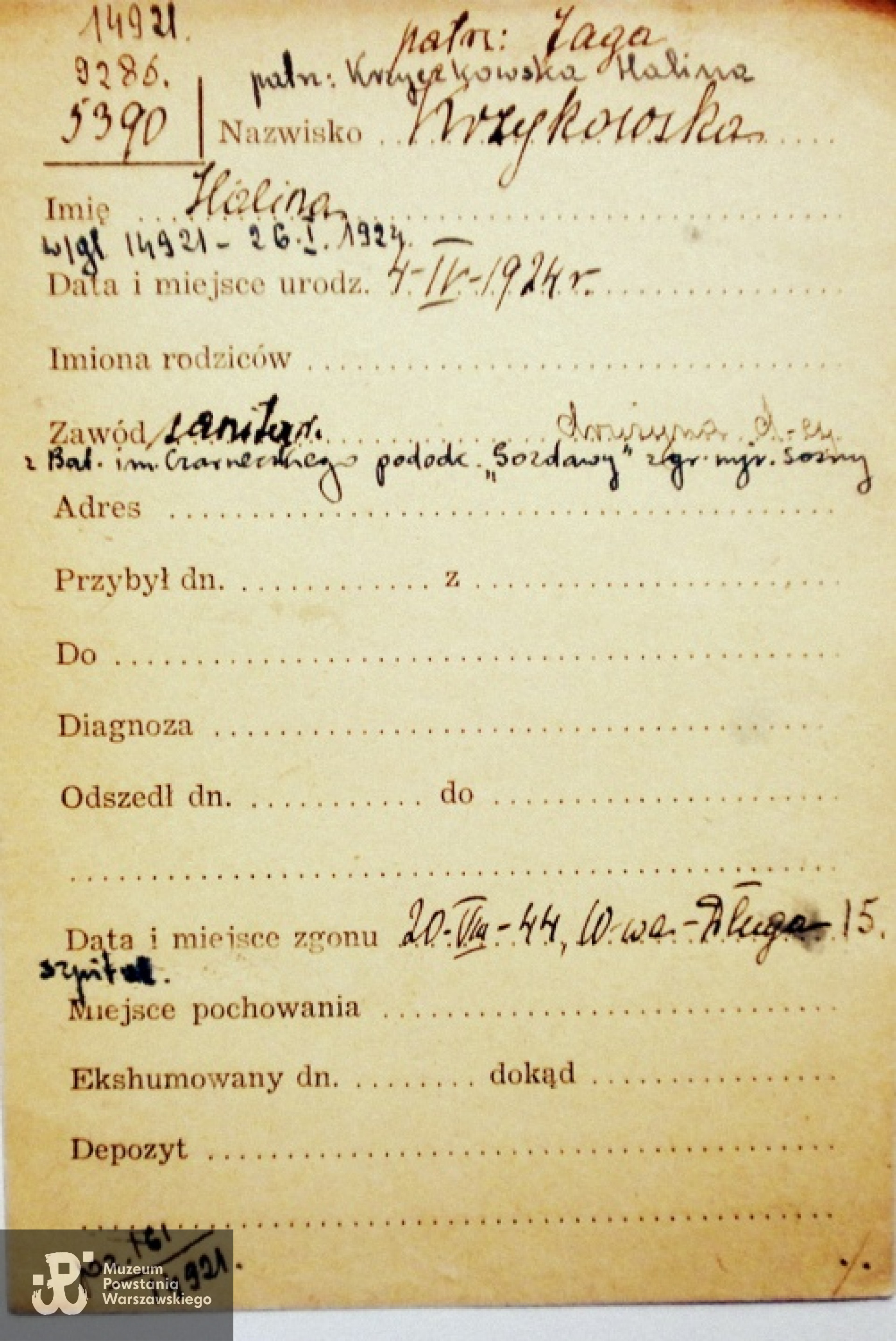 PCK - kartoteka. Tutaj zapis pod nazwiskiem konspiracyjnym "Krzykowska Halina"