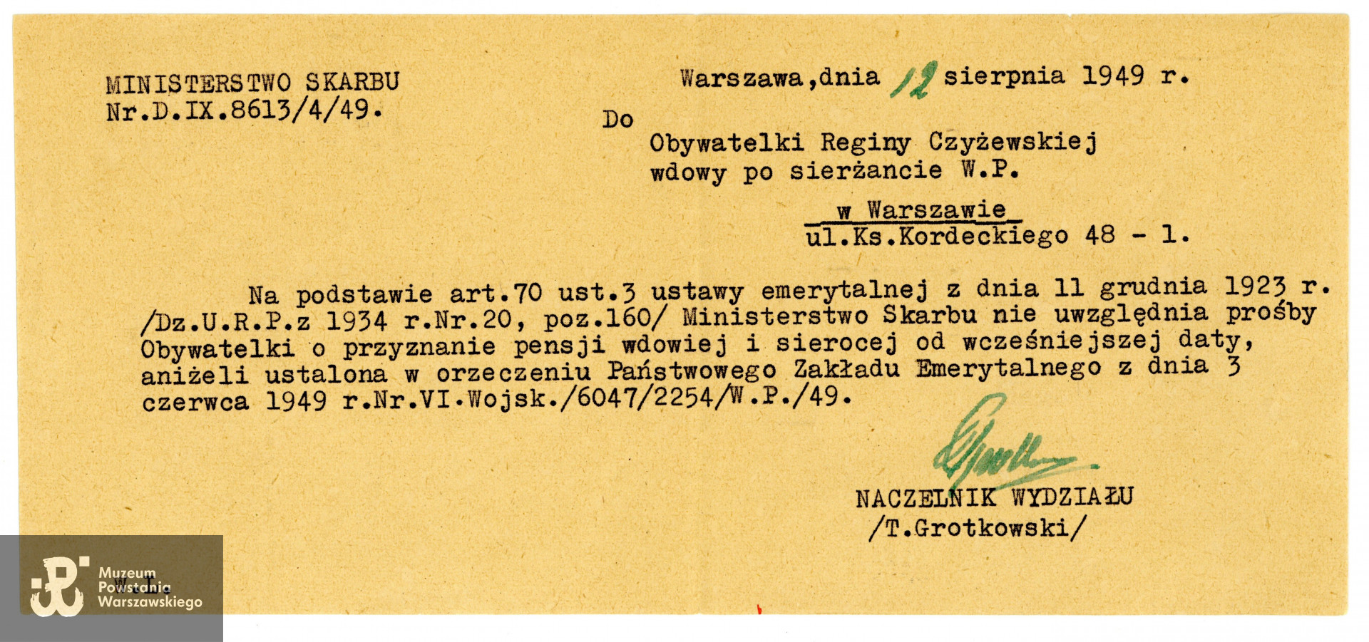 Odmowa przyznania wdowiej renty.   Ze zbiorów rodzinnych, udostępniła p. Kinga Rusin, wnuczka Powstańca.