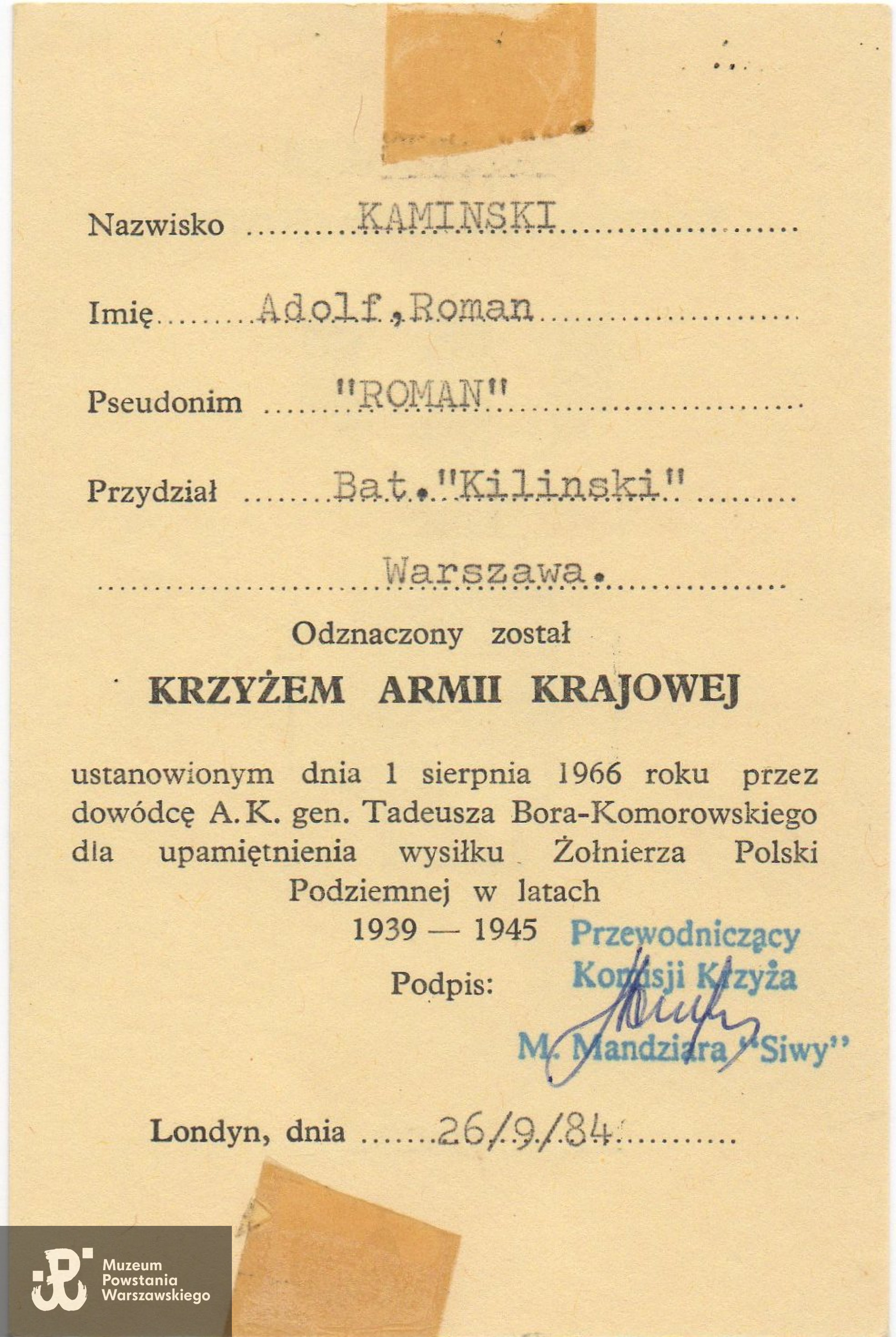 Legitymacja odznaczenia Krzyżem Armii Krajowej. Z archiwum rodzinnego  p. Edwarda Kamińskiego