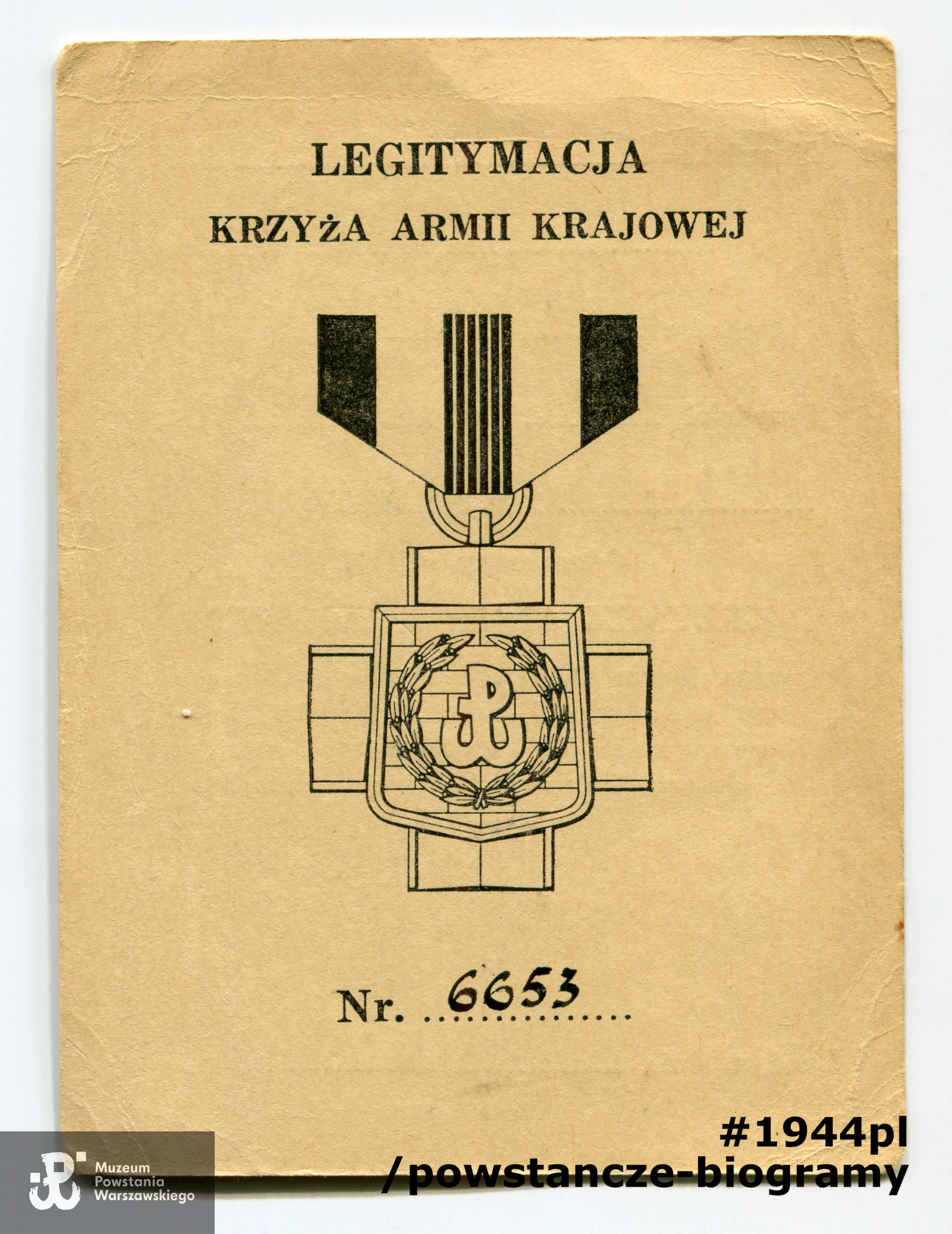 Legitymacja Krzyża Armii Krajowej. Z archiwum rodzinnego p. Wojciecha Skórskiego