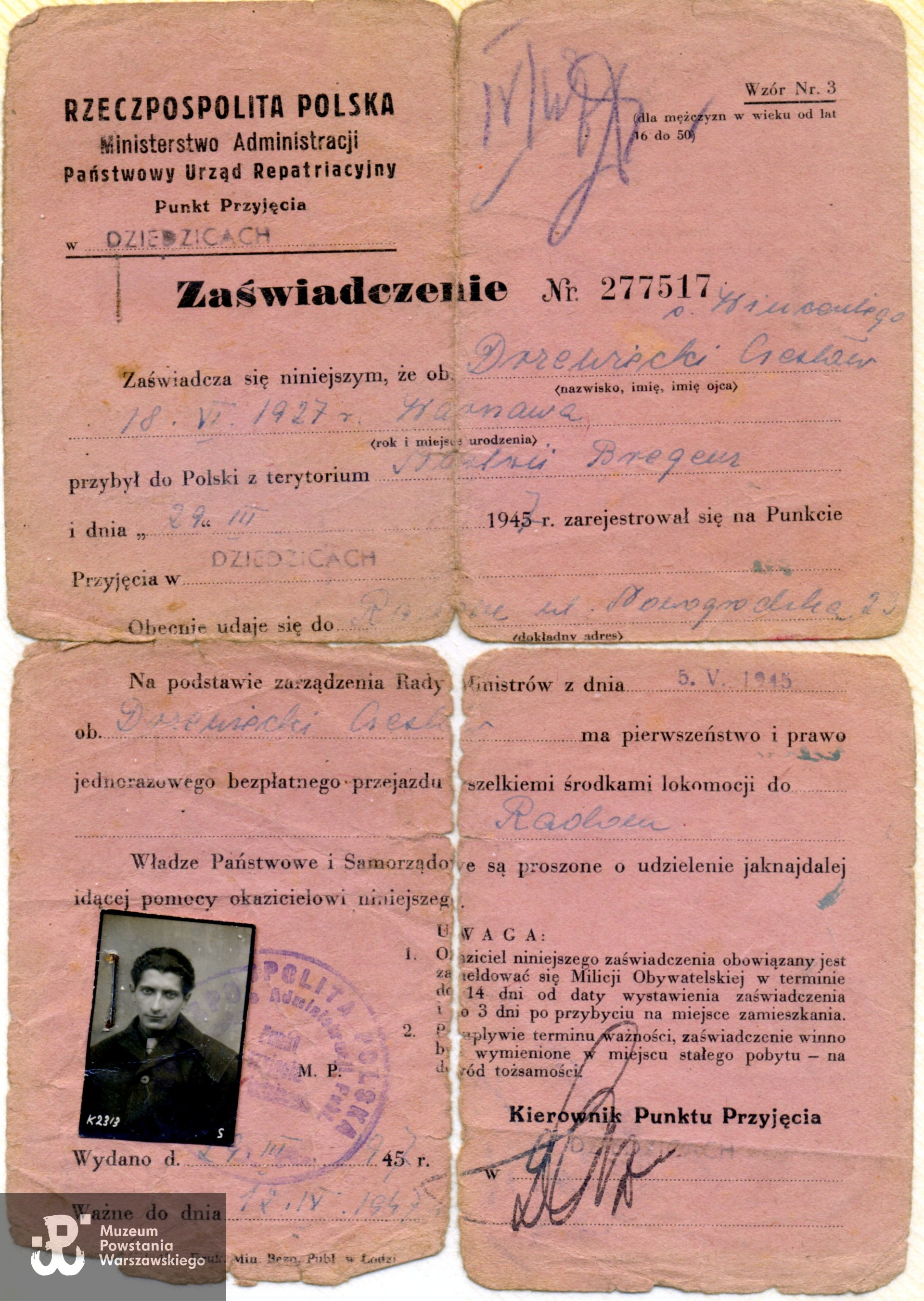 Zaświadczenie Państwowego Urzędu Repatriacyjnego, skan dokumentu udostępnił p. Wiesiek Drzewiecki, syn Powstańca