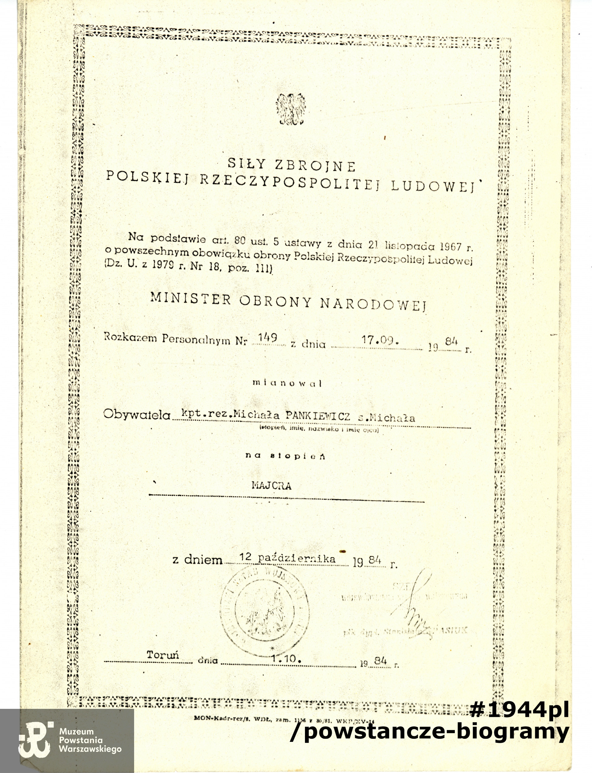 Awans na stopień majora - MON, 1984. Dokument z archiwum rodzinnego p. Elżbiety Marciniak / kopia w teczce w Pokoju Kombatanta MPW