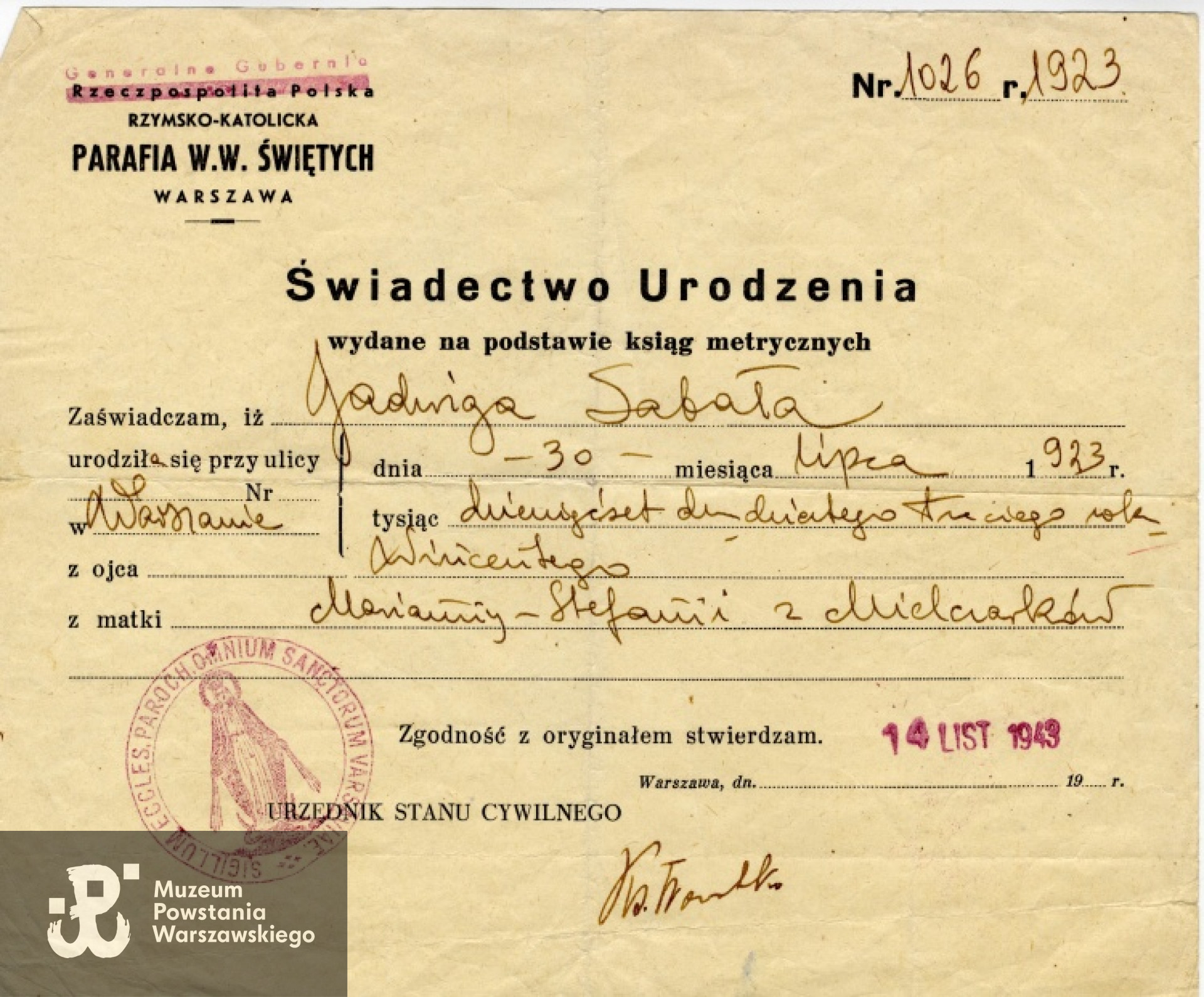 Świadectwo urodzenia Jadwigi Sabały wydane przez parafię Wszystkich Świętych w Warszawie dn. 14 listopada 1943. Z archiwum rodzinnego córek.