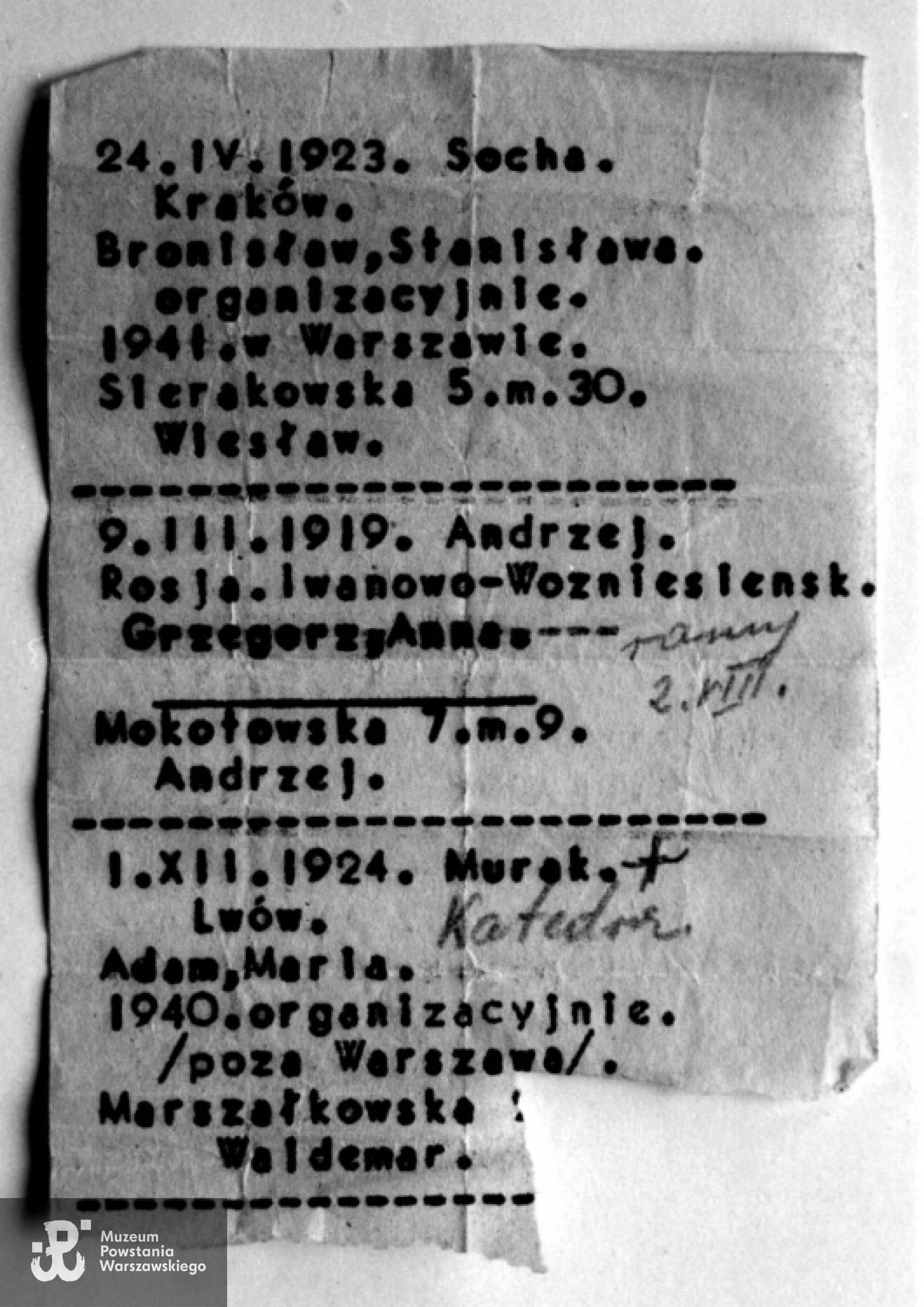 Powstanie Warszawskie - zachowany fragment ewidencji plutonu 1112 Dywizjonu "Jeleń"