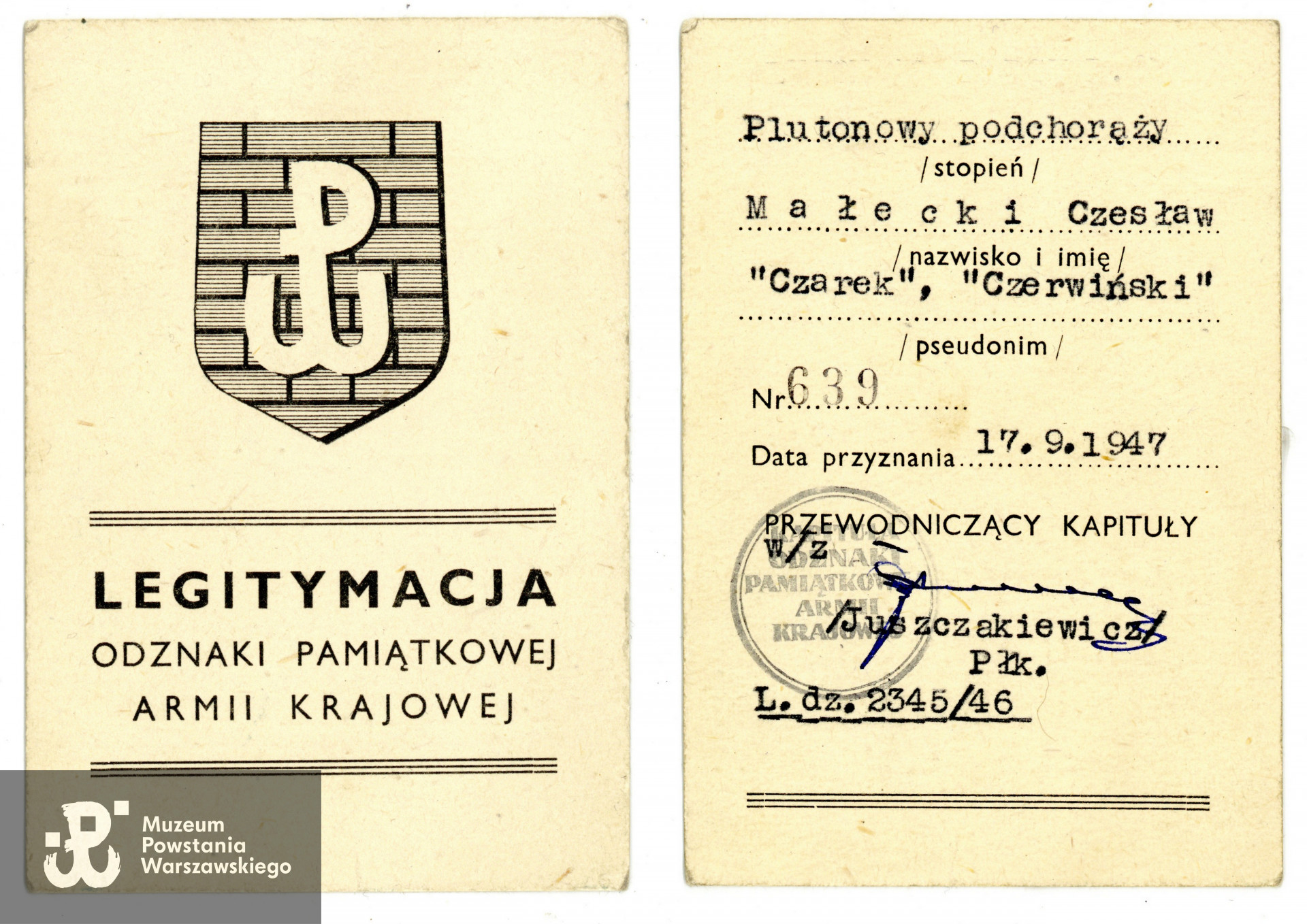 Legitymacja Odznaki Pamiątkowej Armii Krajowej