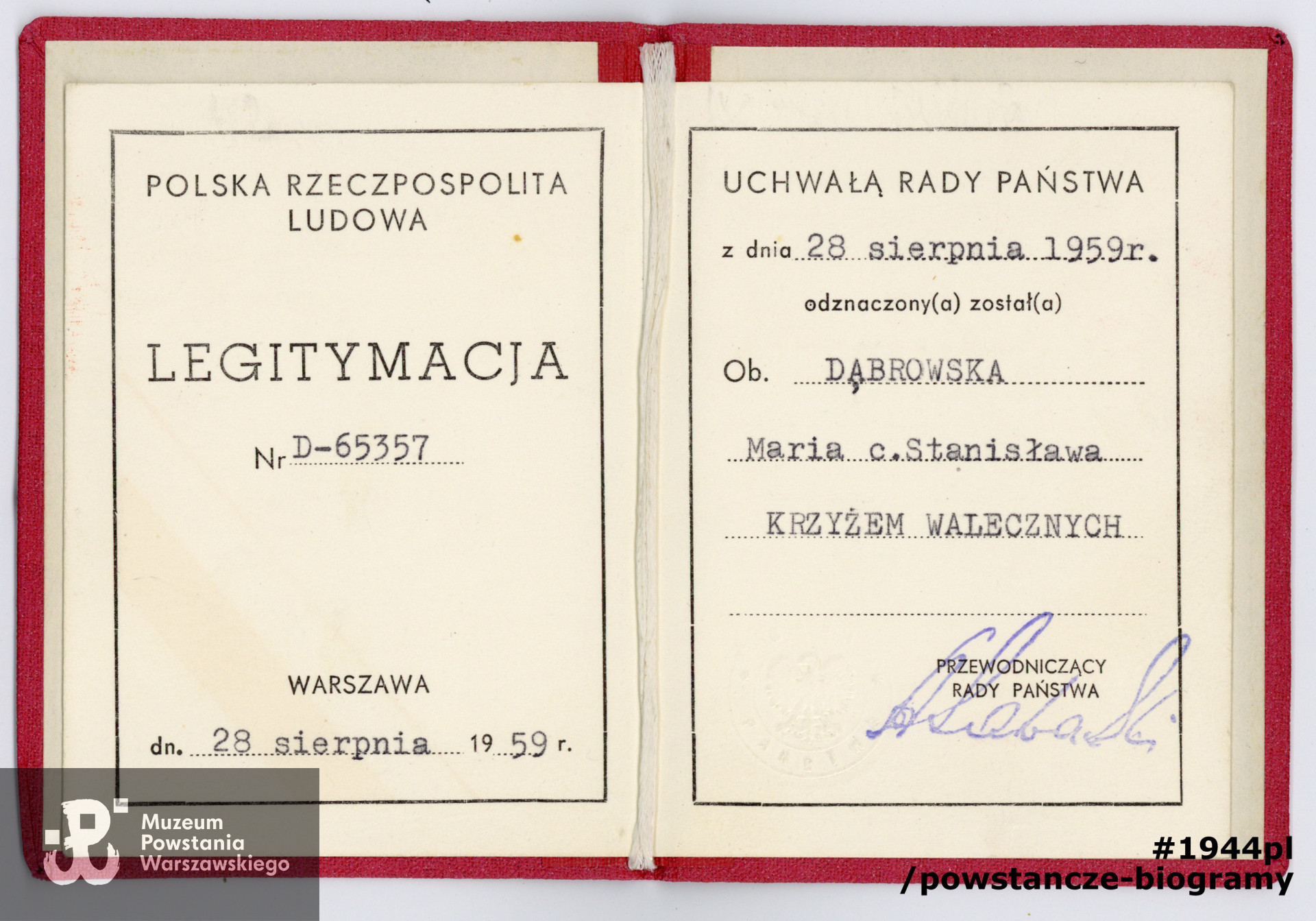 Legitymacja odznaczeniowa - Krzyż Walecznych. Dokument  ze zbiorów rodzinnych p. Jerzego Sajdaka, syna.