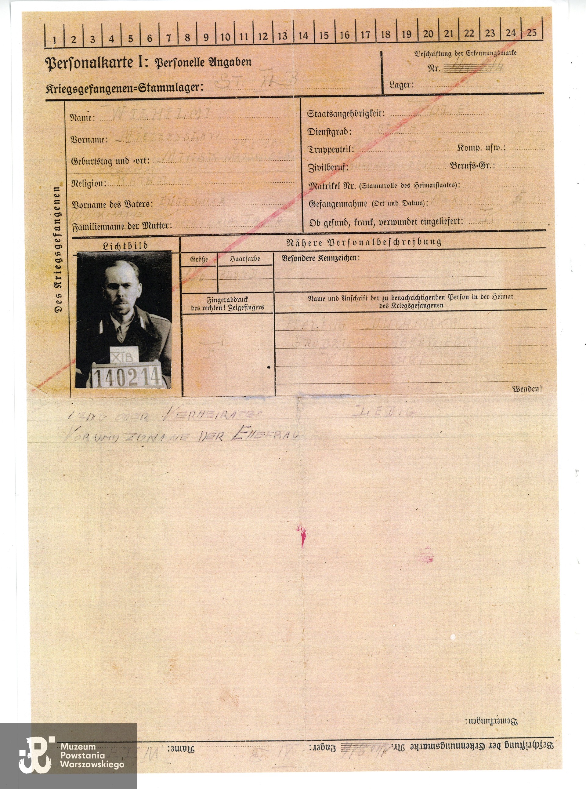 Personalkarte - karta personalna jeńca wojennego Mieczysława Wilhelmiego, październik 1944 r.  Skan z kserokopii,  Muzeum Powstania Warszawskiego, Teczki personalne uczestników Powstania Warszawskiego: Wilhelmi Jerzy. 