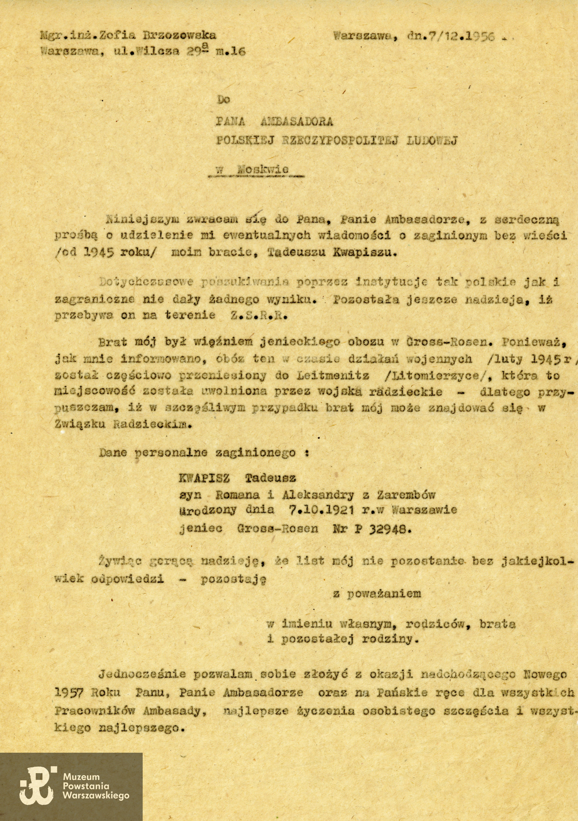 List do ambasady w Moskwie - ślad poszukiwań prowadzonych po wojnie przez rodzinę.  Z archiwum rodzinnego