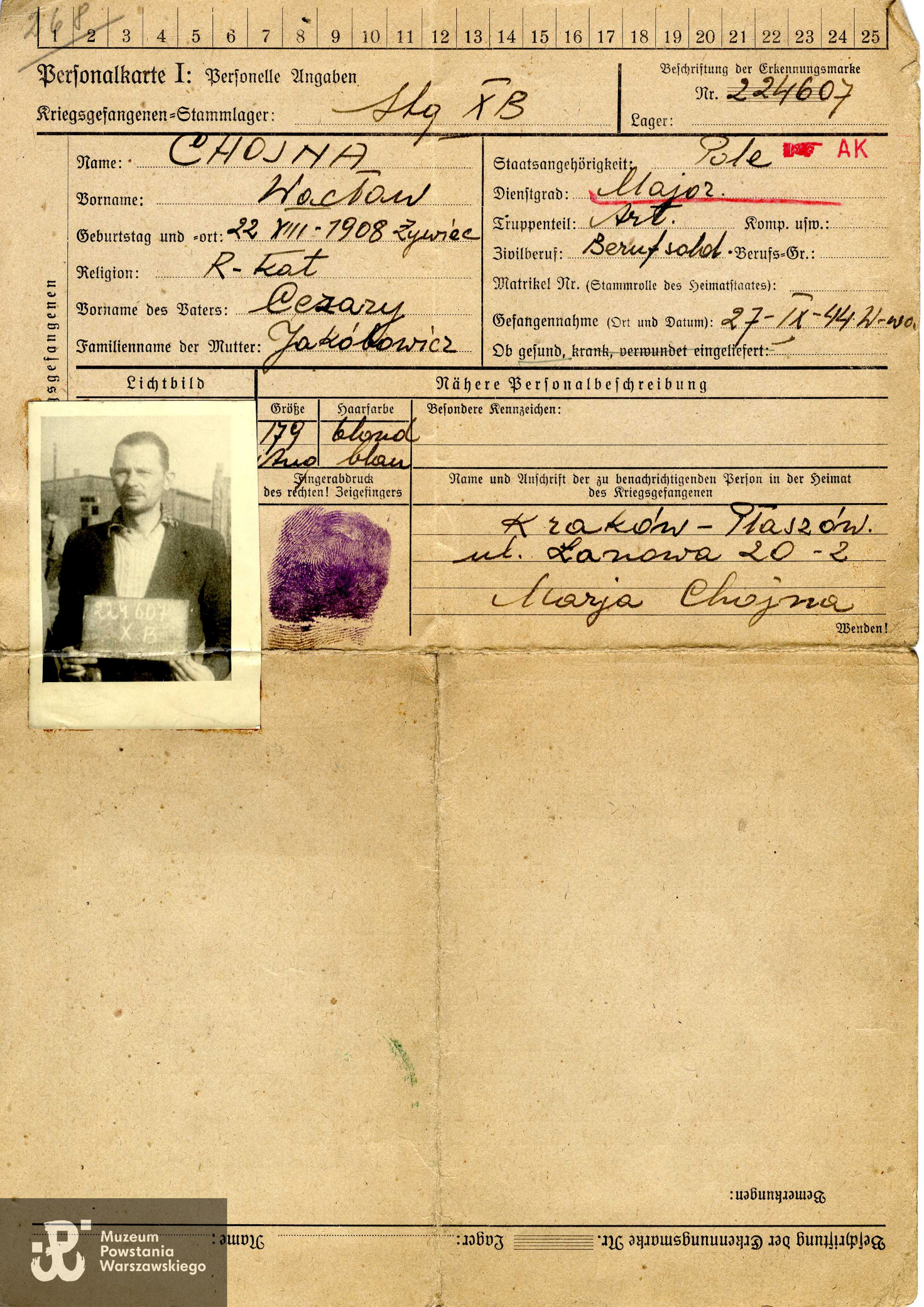Karta identyfikacyjna z okresu pobytu Wacława Chojny w oflagu. Dokument ze zbiorów rodzinnych, skan udostępniła p. Agnieszka Ławacz-Sampanis