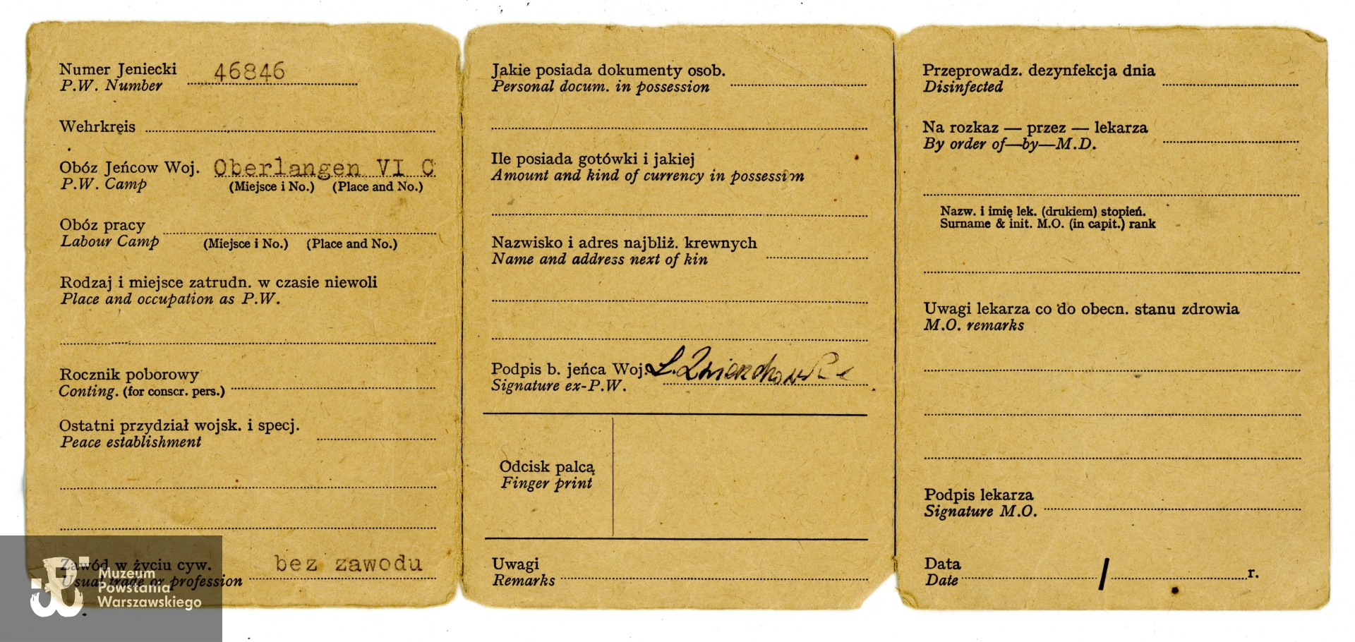 Legitymacja byłego jeńca wojennego wystawiona na nazwisko Lidia Irmina Zwierzchowska. Ze zbiorów Muzeum Powstania Warszawskiego, dar p. Ewy Nowakowskiej, sygn. P/10128