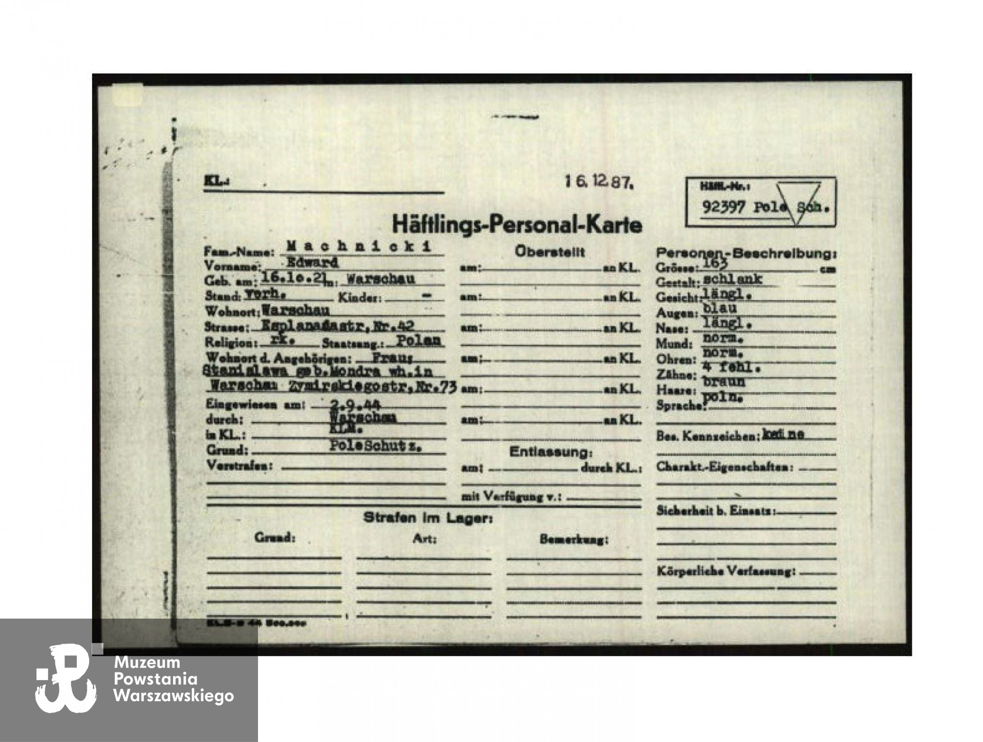 Häftlings-Personal-Karte  (kartapersonalne więźnia), dokument wystawiony na nazwisko Edward Machnicki, źródło: Archiwum Arolsen