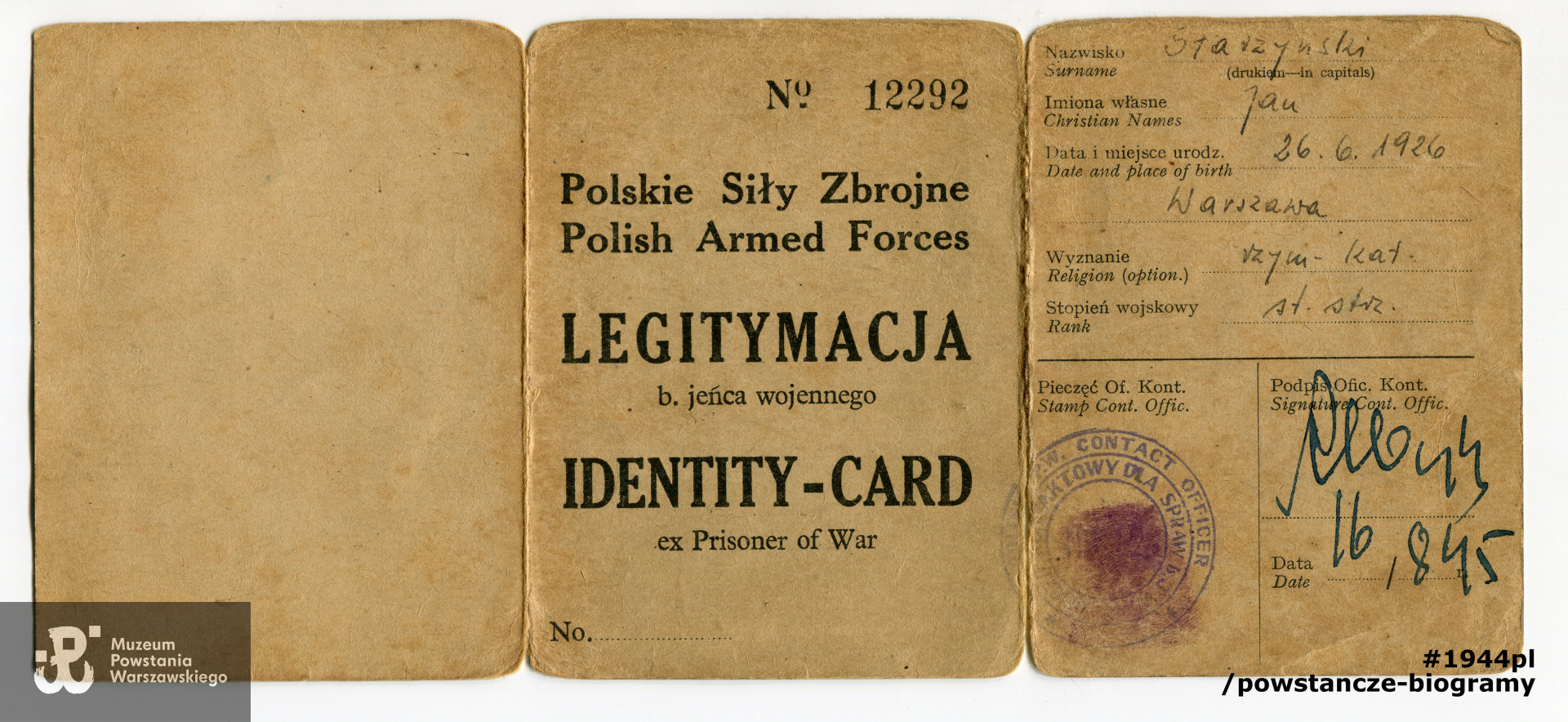 Legitymacja byłego jeńca wojennego. Dokument  z archiwum rodzinnego p. Iwony Powierzy