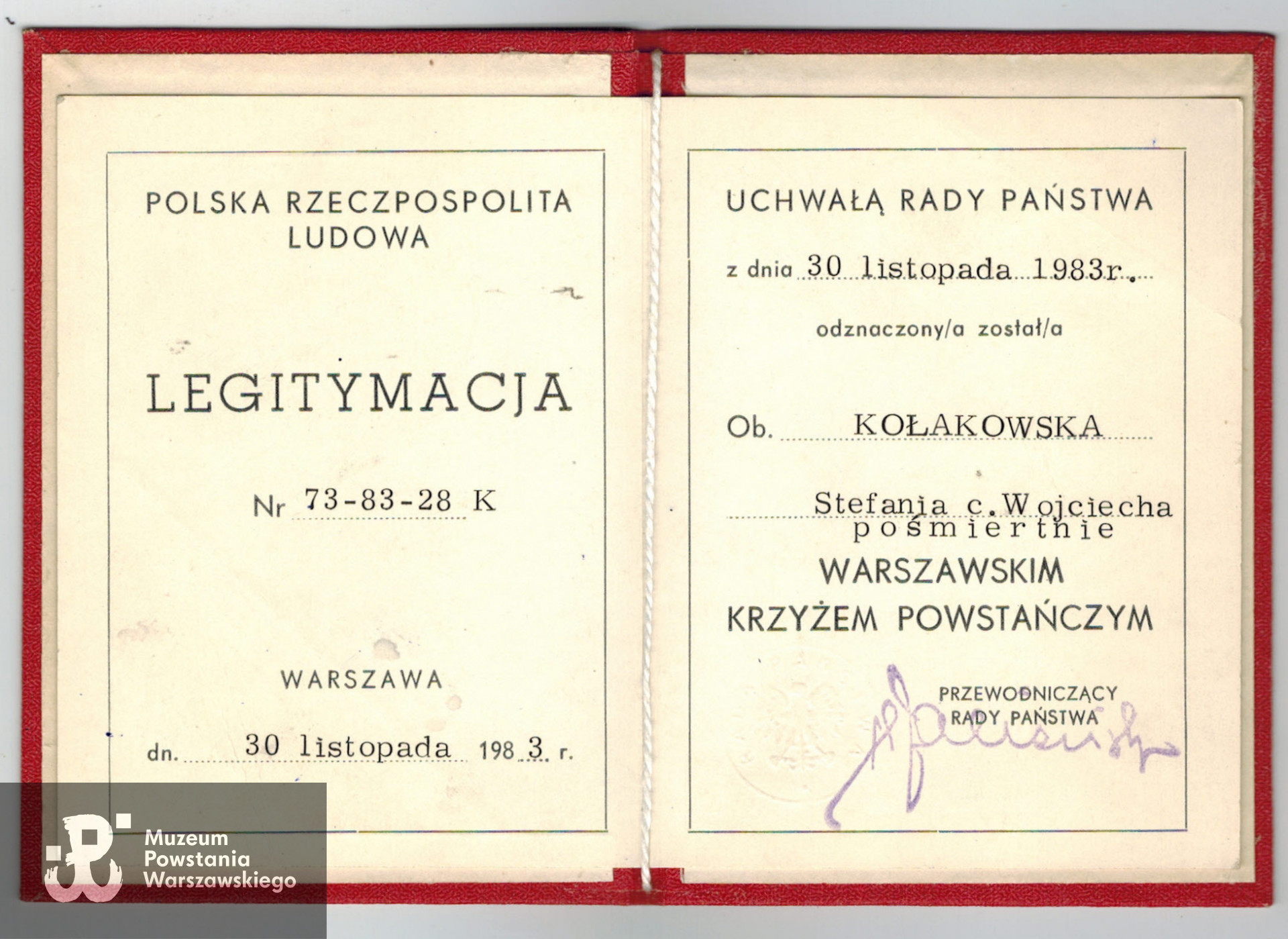 Legitymacja odznaczenia Warszawskim Krzyżem Powstańczym. Fot. z archiwum rodzinnego  Igora  Niewiadomskiego