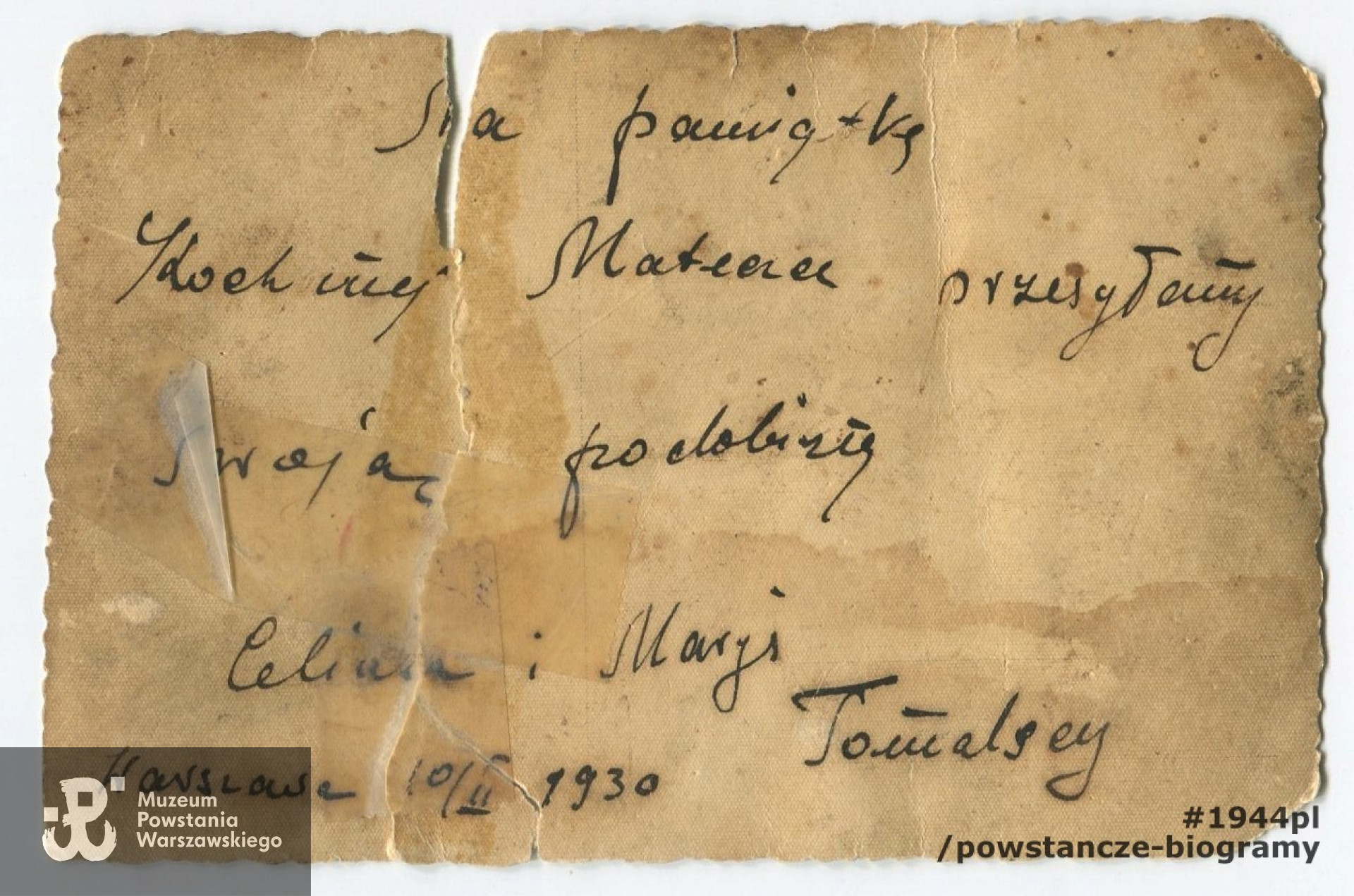 Fotografia ślubna wykonana w lutym 1930 roku - rewers z dedykacją dla matki. Fot. ze zbiorów rodzinnych