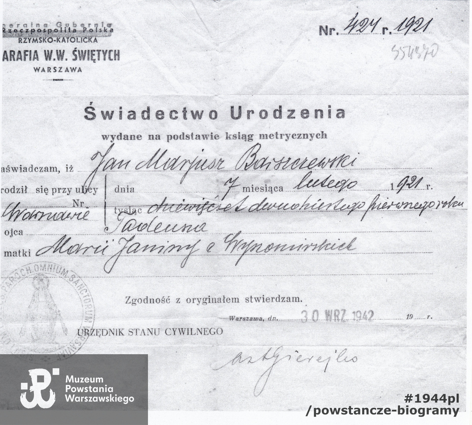 Świacectwo urodzenia Jana Mariusza Barszczewskiego. Kopia ze zbiorów Muzeum Powstania Warszawskiego/materiały do Słownika Uczestników PW. Przekaz  p. Jolanty Olszewskiej - Sobczyńskiej