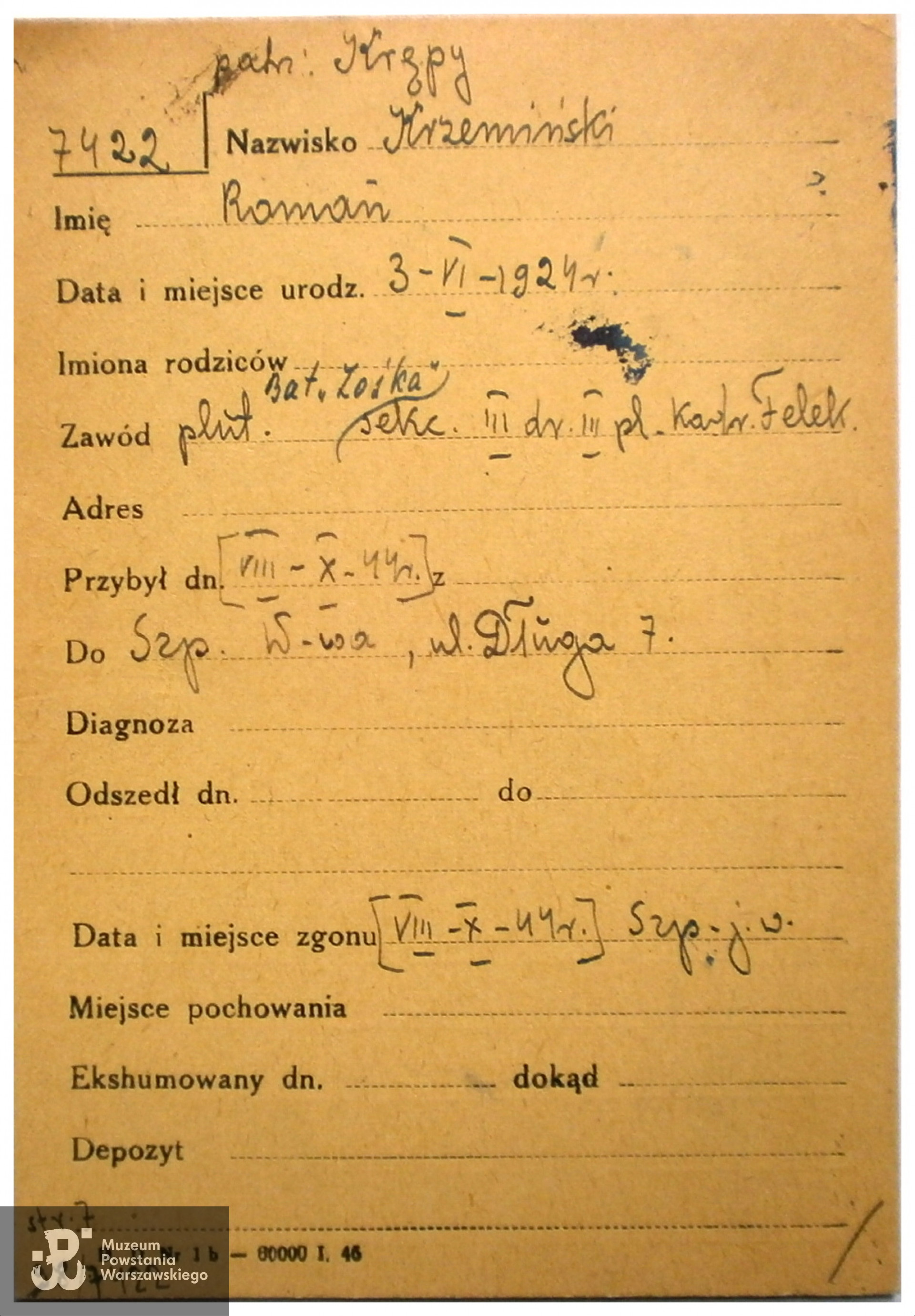 PCK - kartoteka. Tu jako miejsce śmierci podano szpital przy Długiej 7. Data ur. w zapisach PCK - 03-06-1924.