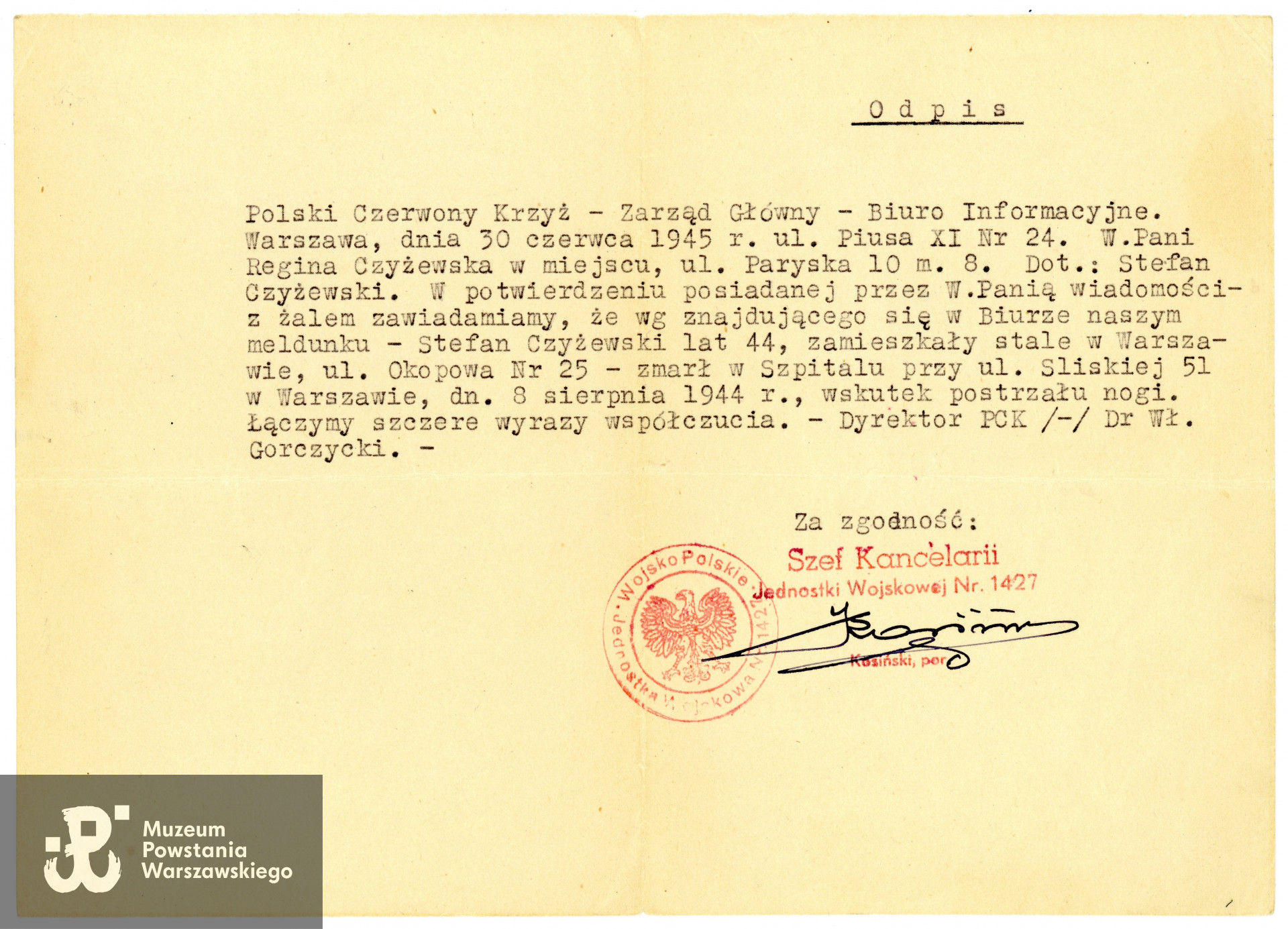 Odpis zaświadczenia PCK dotyczącego śmierci Stefana Czyżewskiego. Ze zbiorów rodzinnych, udostępniła p. Kinga Rusin, wnuczka Powstańca.