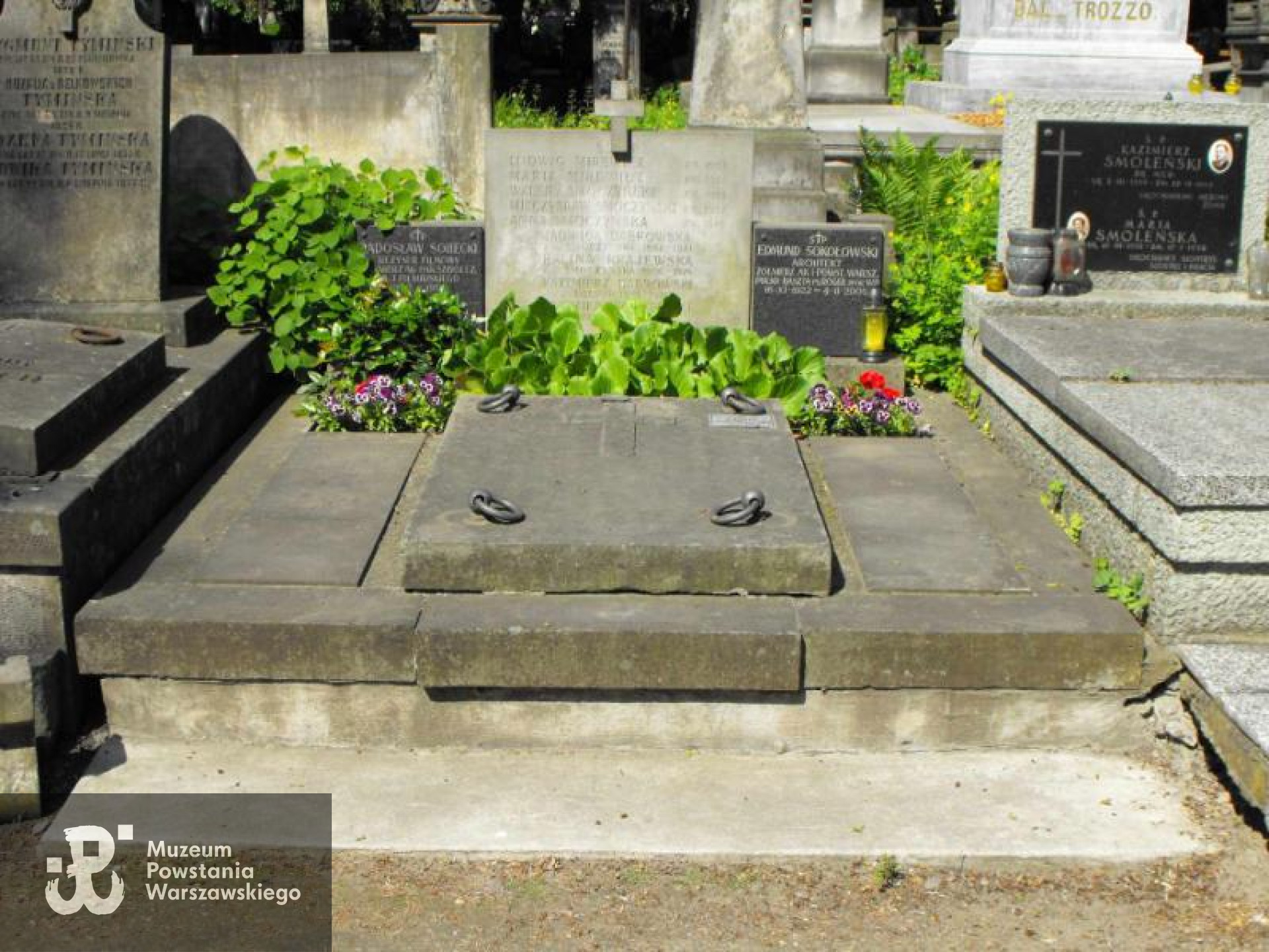 Mogiła na Starych Powązkach, miejsce pochowania Edmunda Sokołowskiego i Radosława Sobeckiego. Fot. Warszawskie Zabytkowe Pomniki Nagrobne:  serwis mapowy m. st. Warszawy: <i>cmentarze.um.warszawa.pl</i>