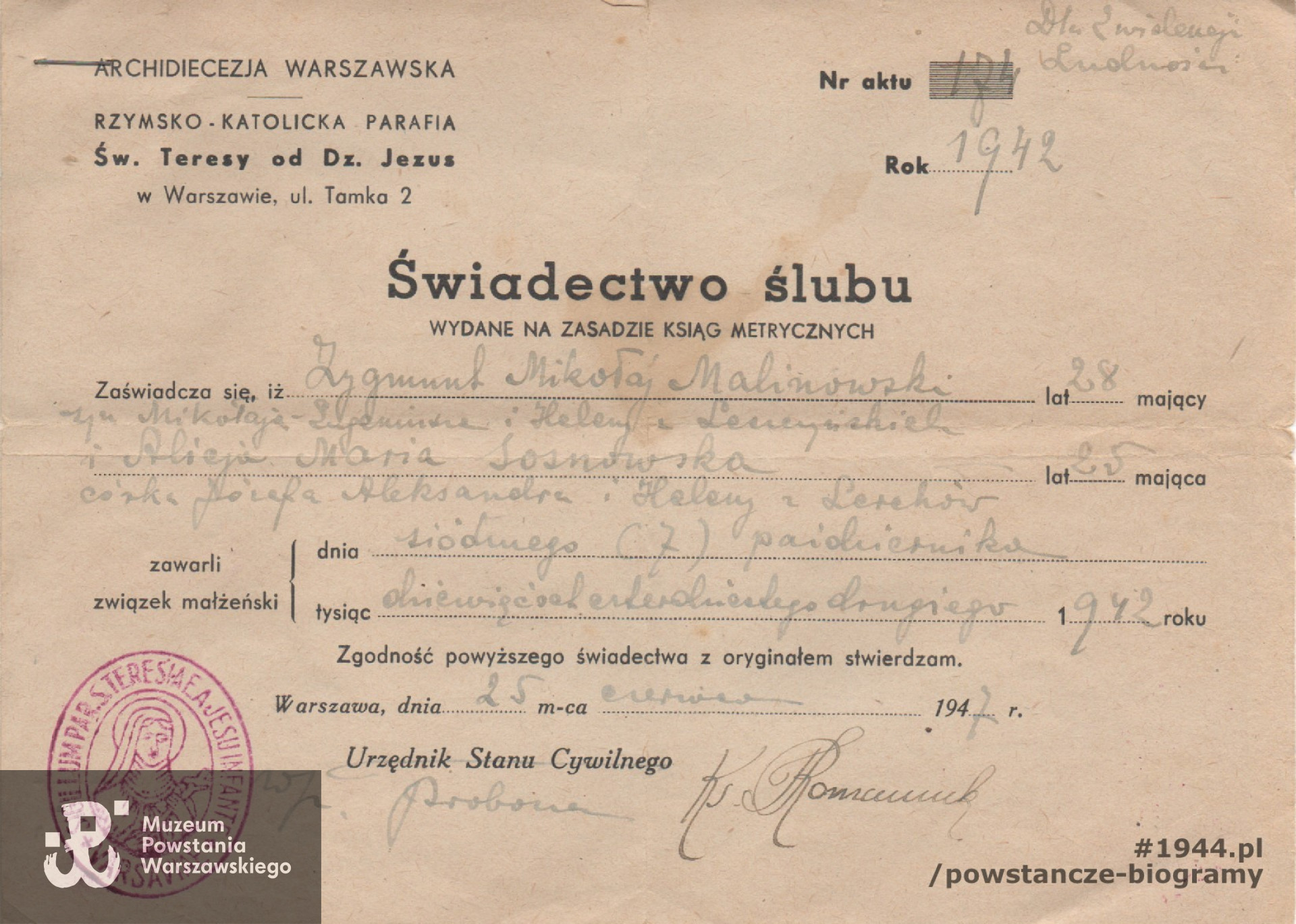 Świadectwo ślubu. Fot. archiwum rodzinne