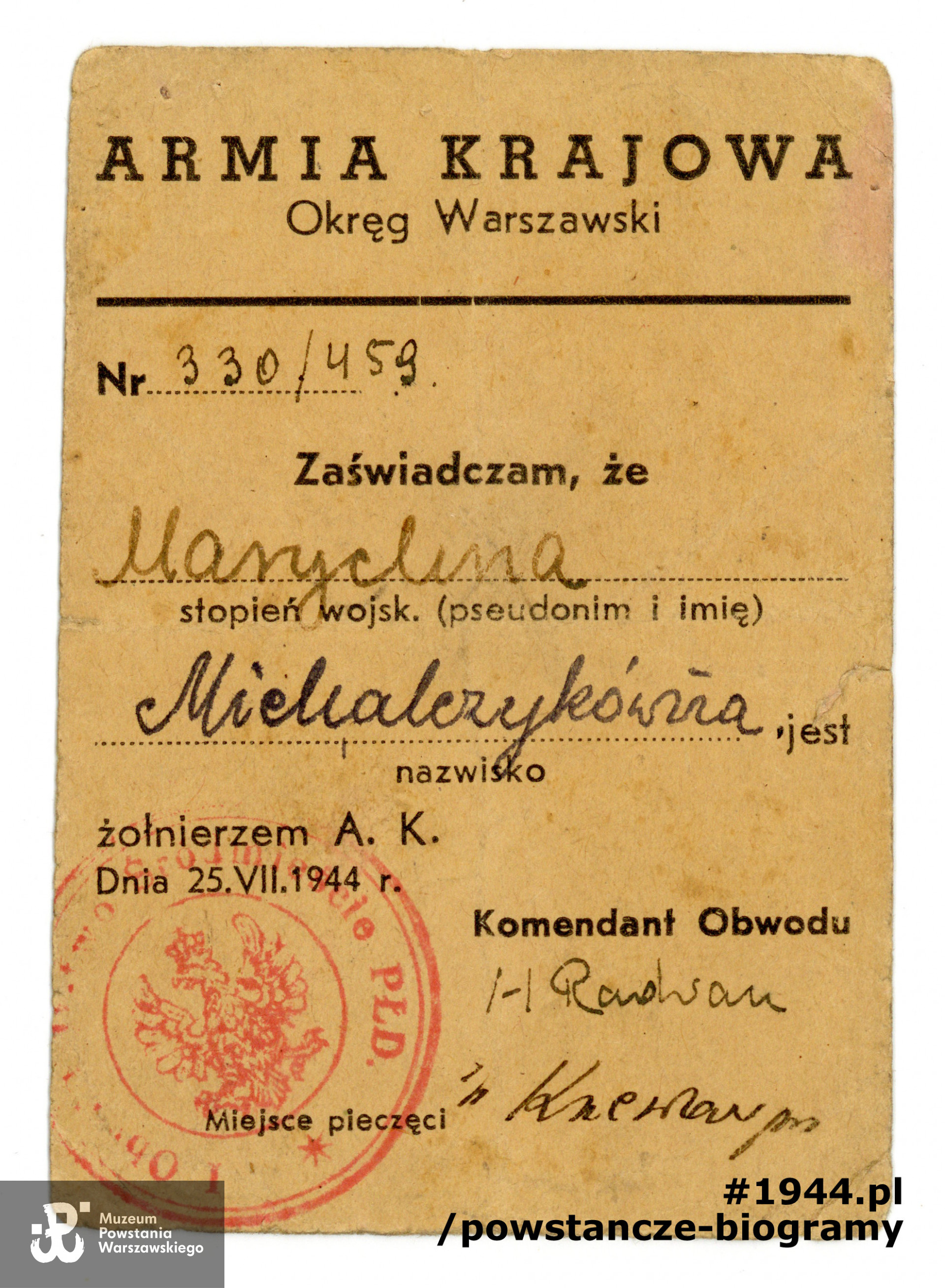 Należąca do Marii legitymacja Armii Krajowej. Ze zbiorów Muzeum Powstania Warszawskiego, sygn. P/4354