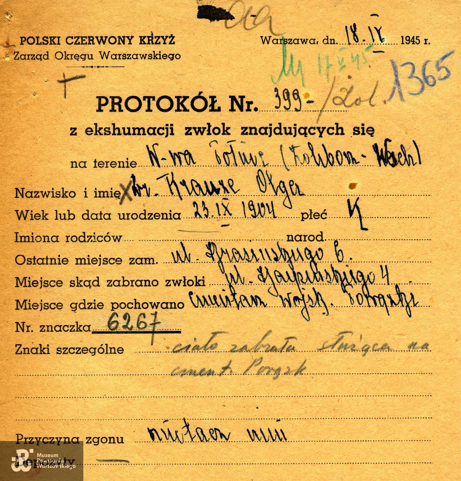 Protokół z ekshumacji. Ze zbiorów Polskiego Czerwonego Krzyża