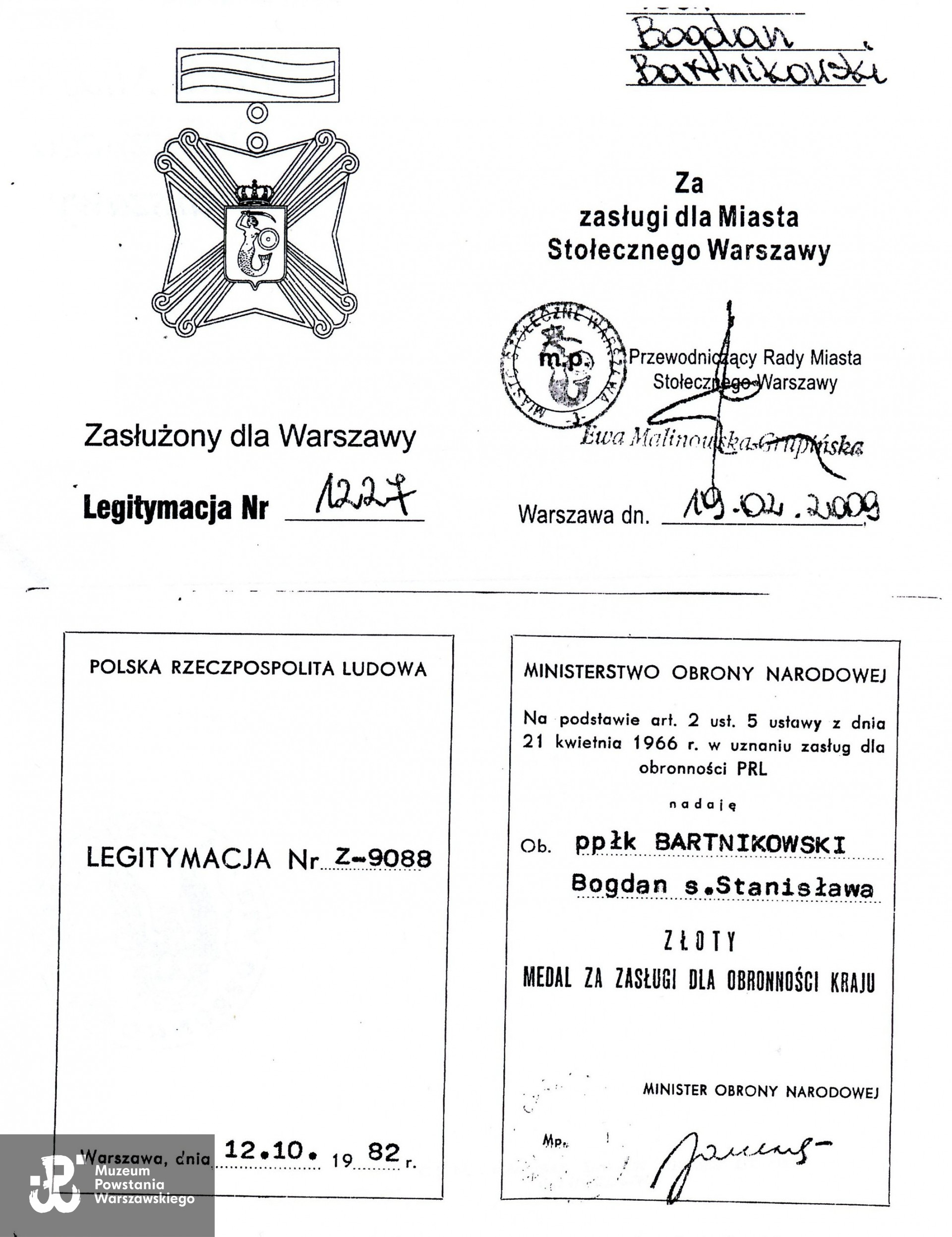 Muzeum Powstania Warszawskiego, Teczki personalne uczestników Powstania Warszawskiego, kopie dokumentów udostępnił p. Bogdan Bartnikowski